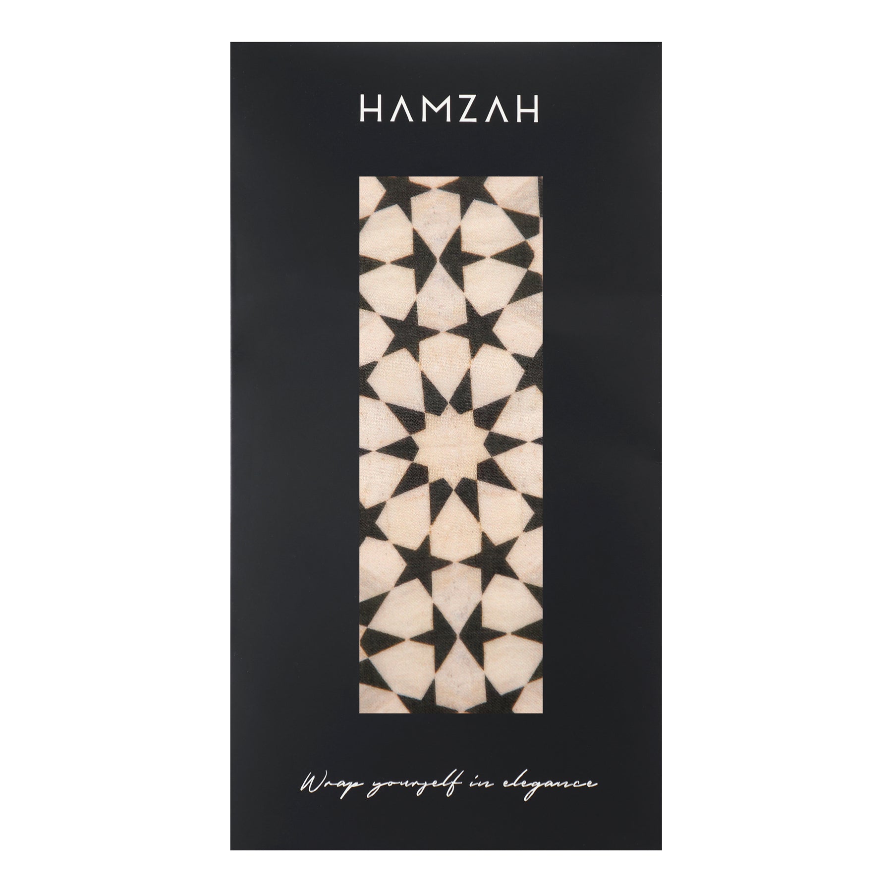 The Beige and Black Scarf - Sahara, featuring geometric patterns inspired by Andalusí Islamic art, is shown vertically on black HAMZAH packaging with "Wrap yourself in elegance" below.