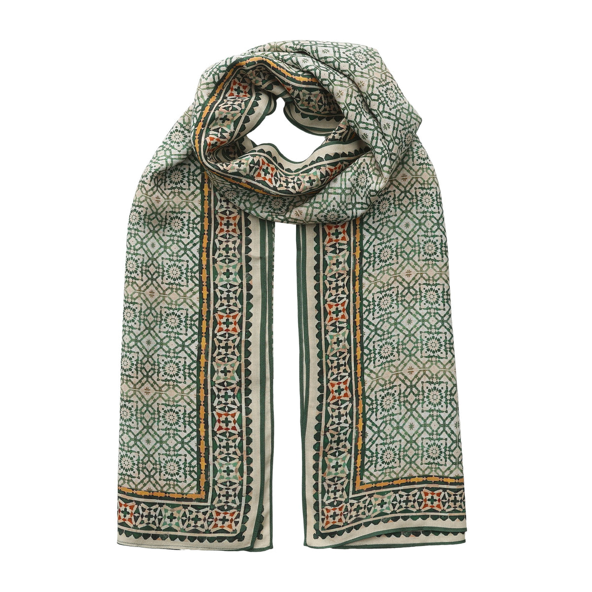 Green Modal Scarf Alhambra Lattice Azahar looped and hanging against a white background