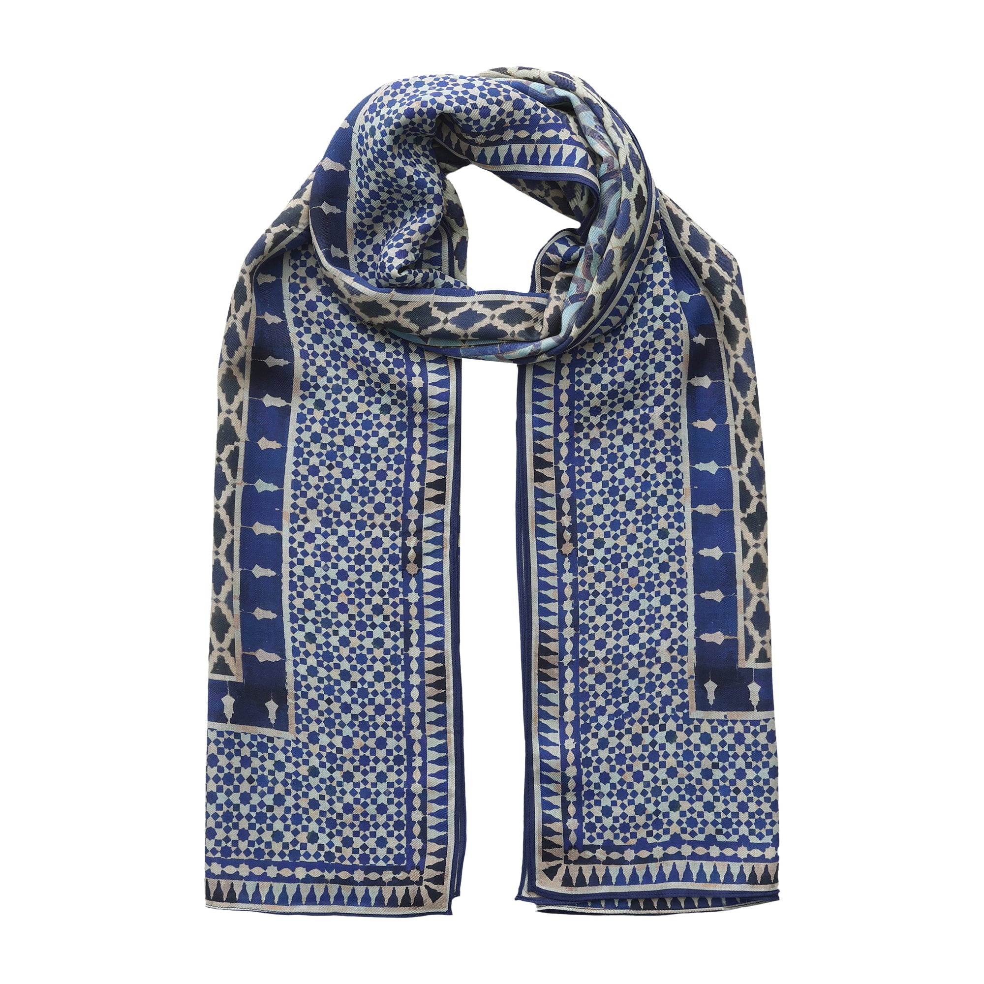 Blue Modal Scarf Andalusian Tiles Almunia looped and hanging against a white background