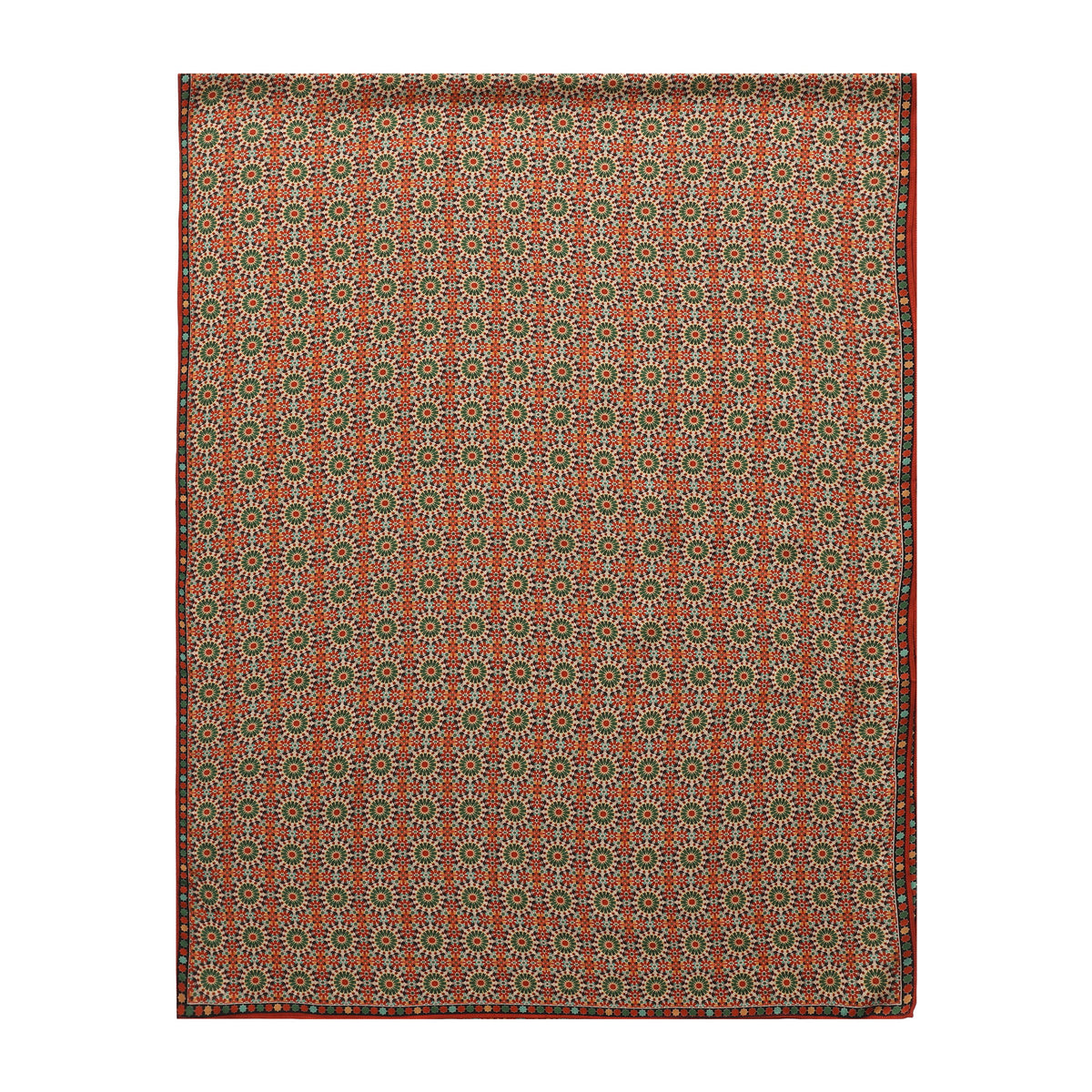 Red and Green Modal Scarf Mosaic Rosettes Zubaida shown flat with the full print and its border