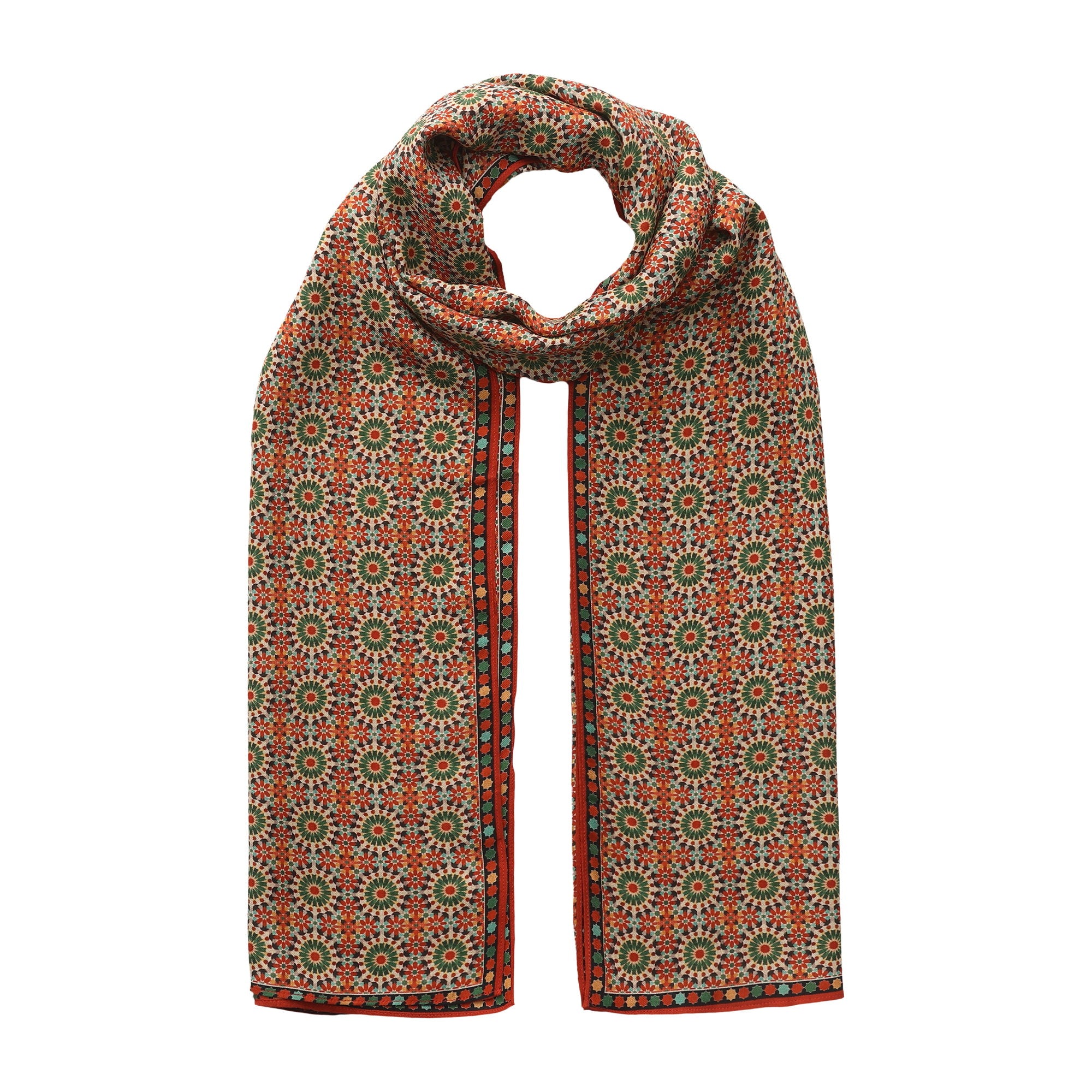 Red and Green Modal Scarf Mosaic Rosettes Zubaida looped and hanging against a white background