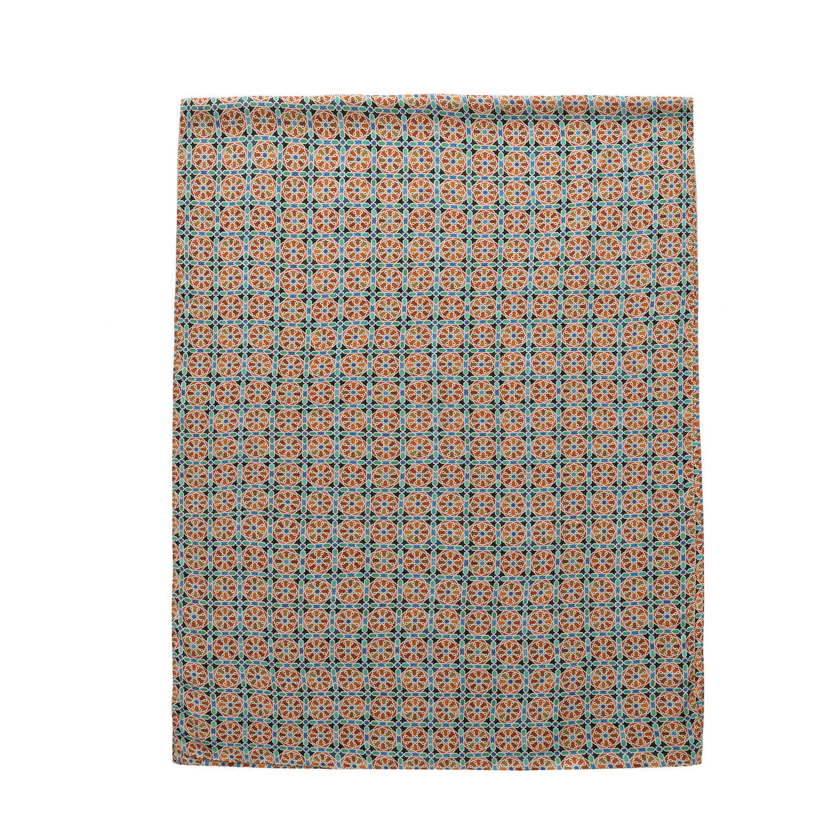 Orange Modal Scarf Mosaic Wheels Wallada shown flat with the full print and its border