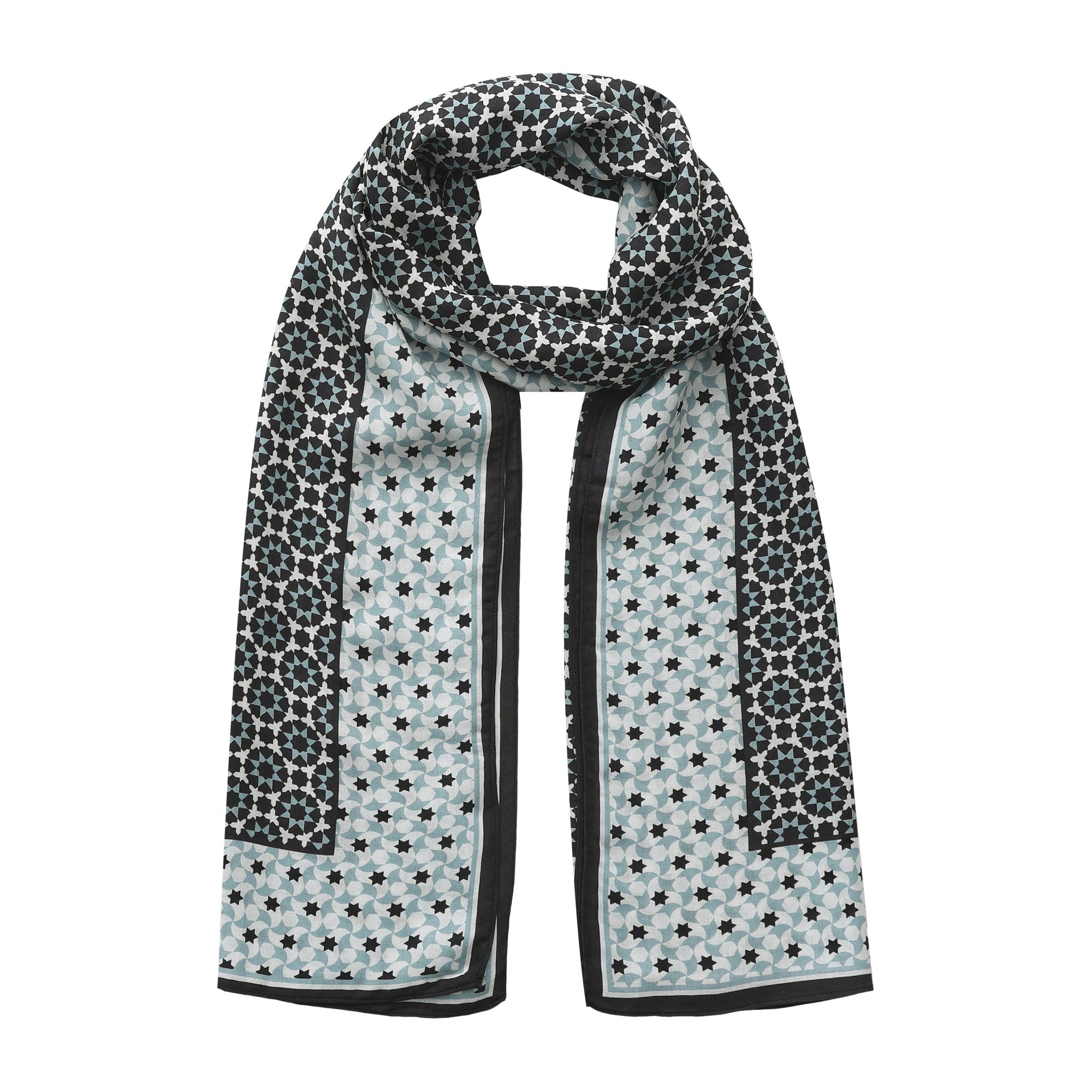 Black and Grey Modal Scarf Star Lattice Zoraida looped and hanging against a white background
