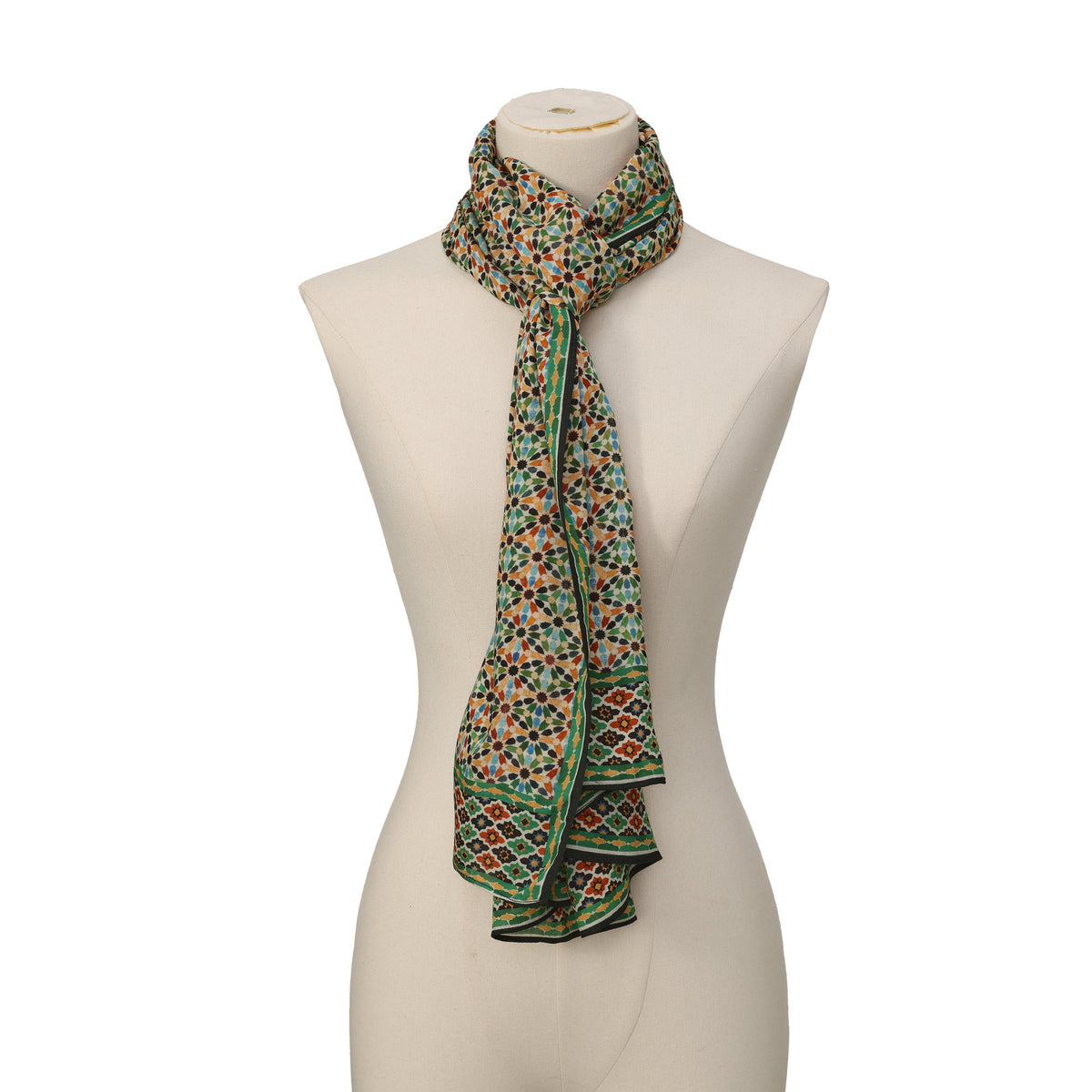 Multicolor Modal Scarf Alhambra Stars Naima draped around the neck on a mannequin bust