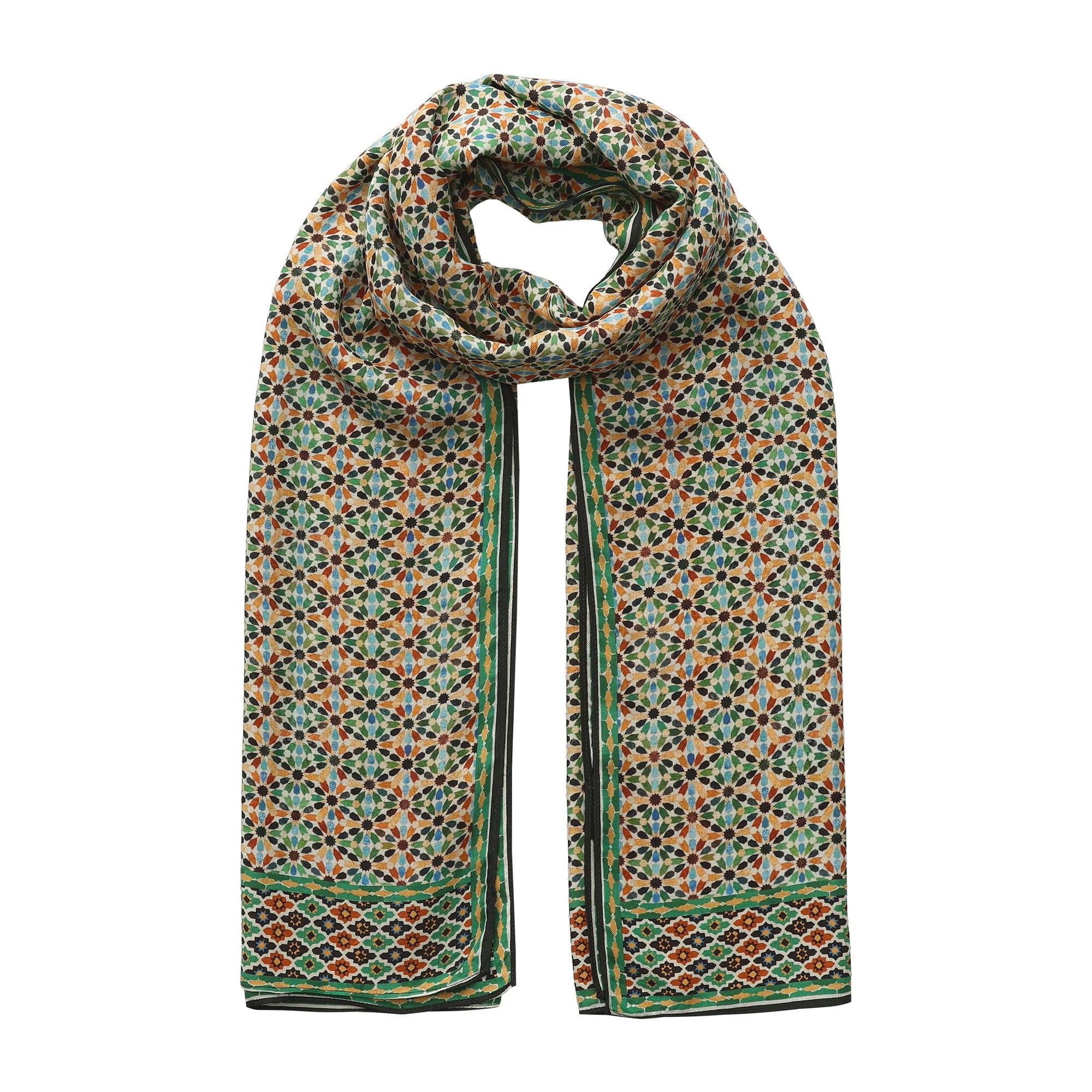 Multicolor Modal Scarf Alhambra Stars Naima looped and hanging against a white background
