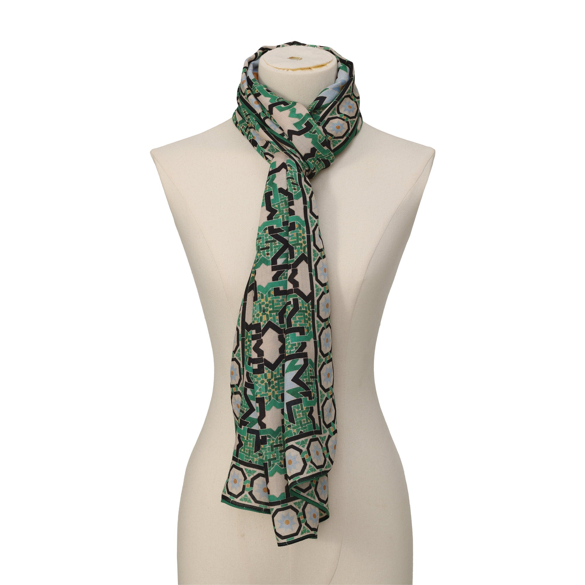 Green Modal Scarf Alhambra Interlace Salma draped around the neck on a mannequin bust