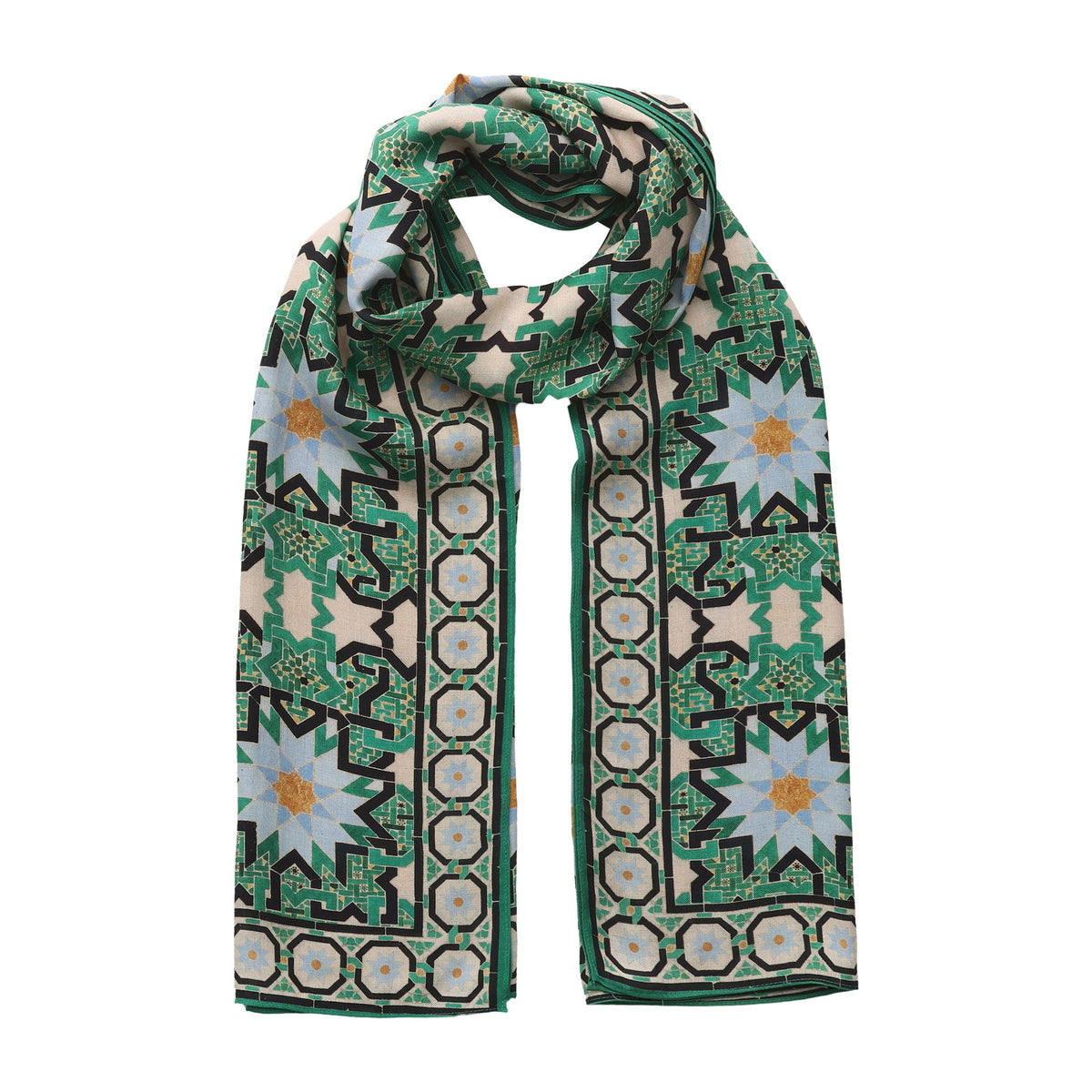 Green Modal Scarf Alhambra Interlace Salma looped and hanging against a white background