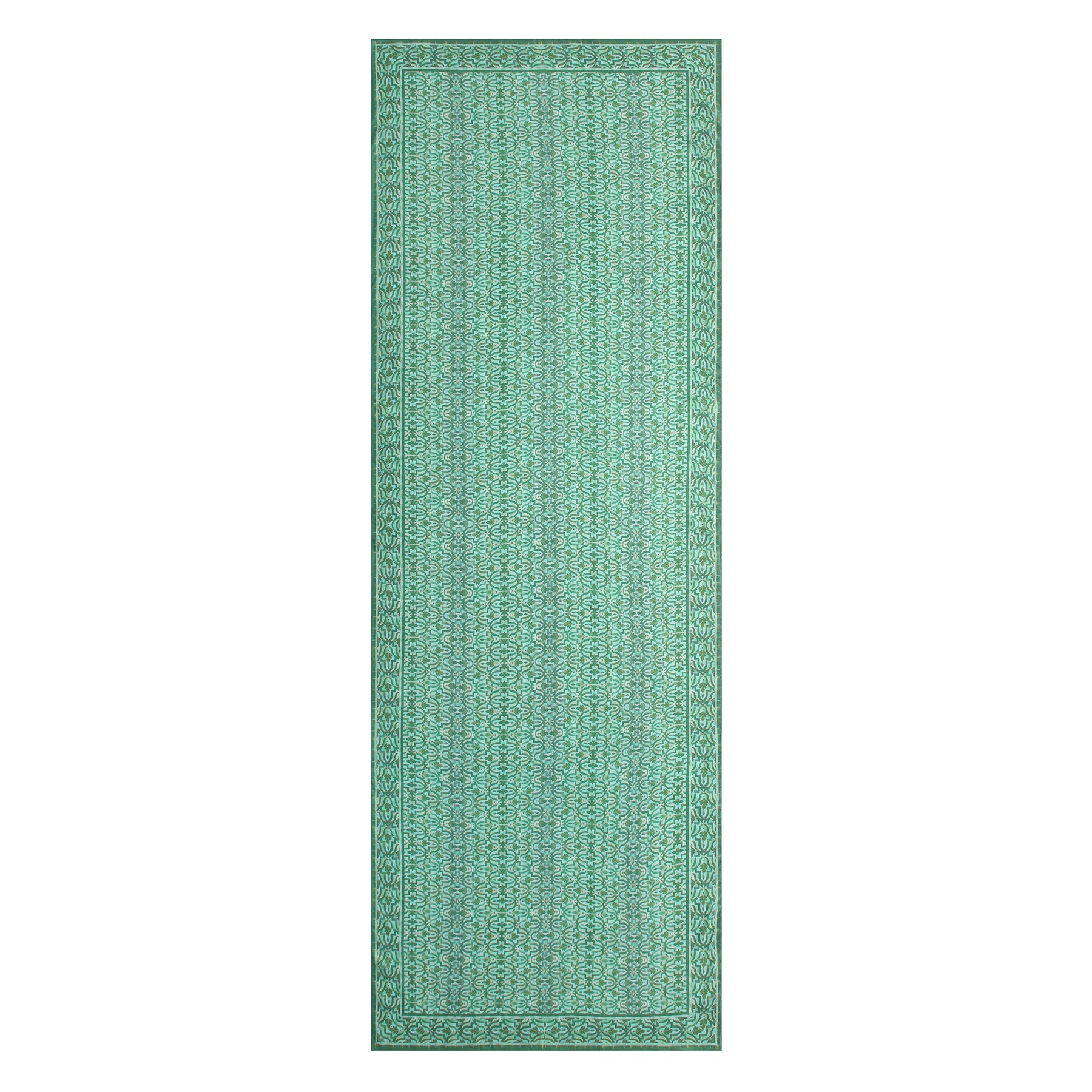 A green scarf for women featuring an intricate, repeating geometric print and a decorative border, displayed on a white background.
