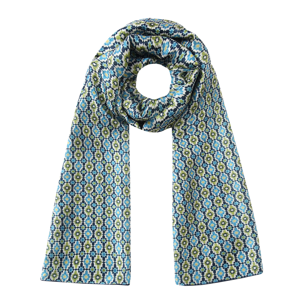 Blue Silk Scarf Alhambra Rosettes Ayad looped and hanging against a white background