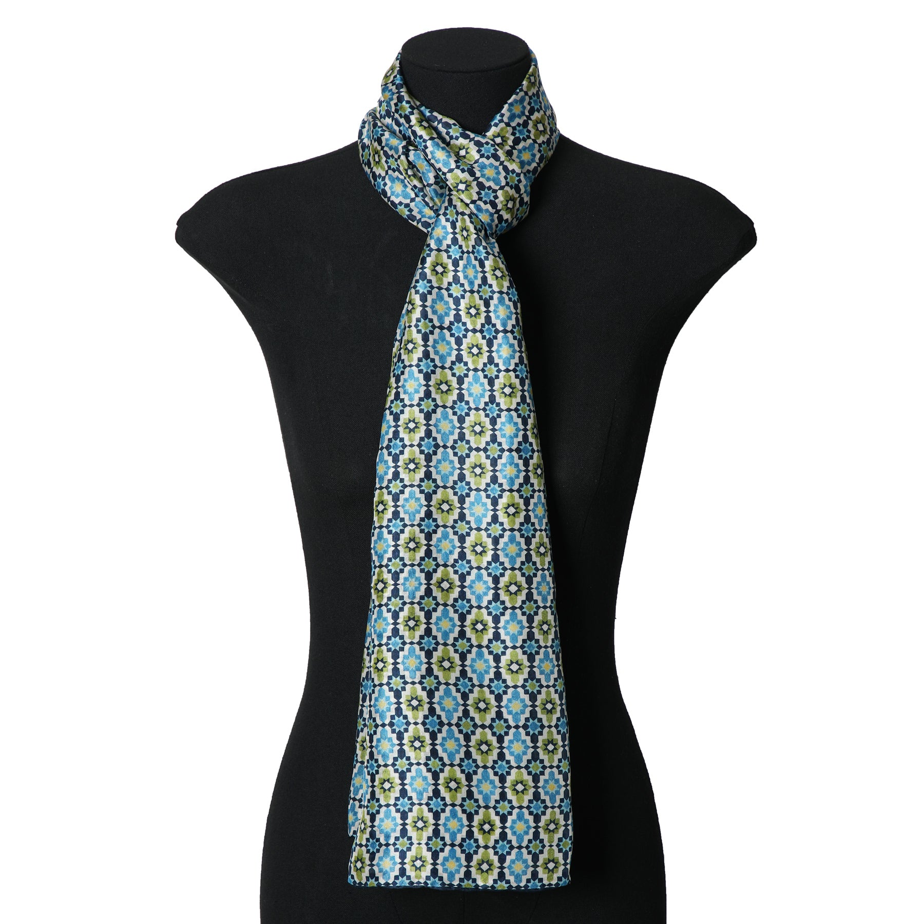 Blue Silk Scarf Alhambra Rosettes Ayad draped around the neck on a mannequin bust