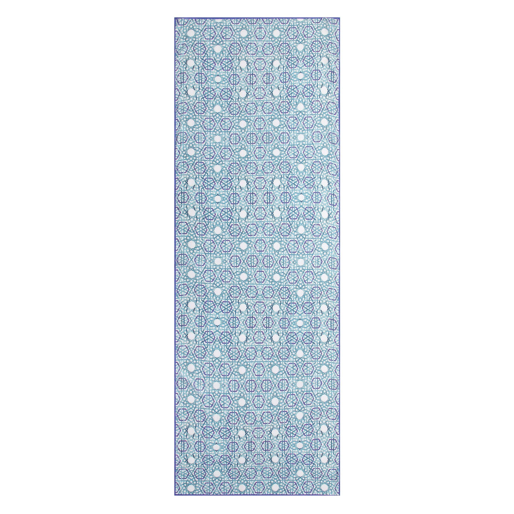 The Modal Scarf with Blue Print features an intricate blue and white geometric pattern inspired by Islamic art, showcasing repeating circular and linear motifs across the fabric.