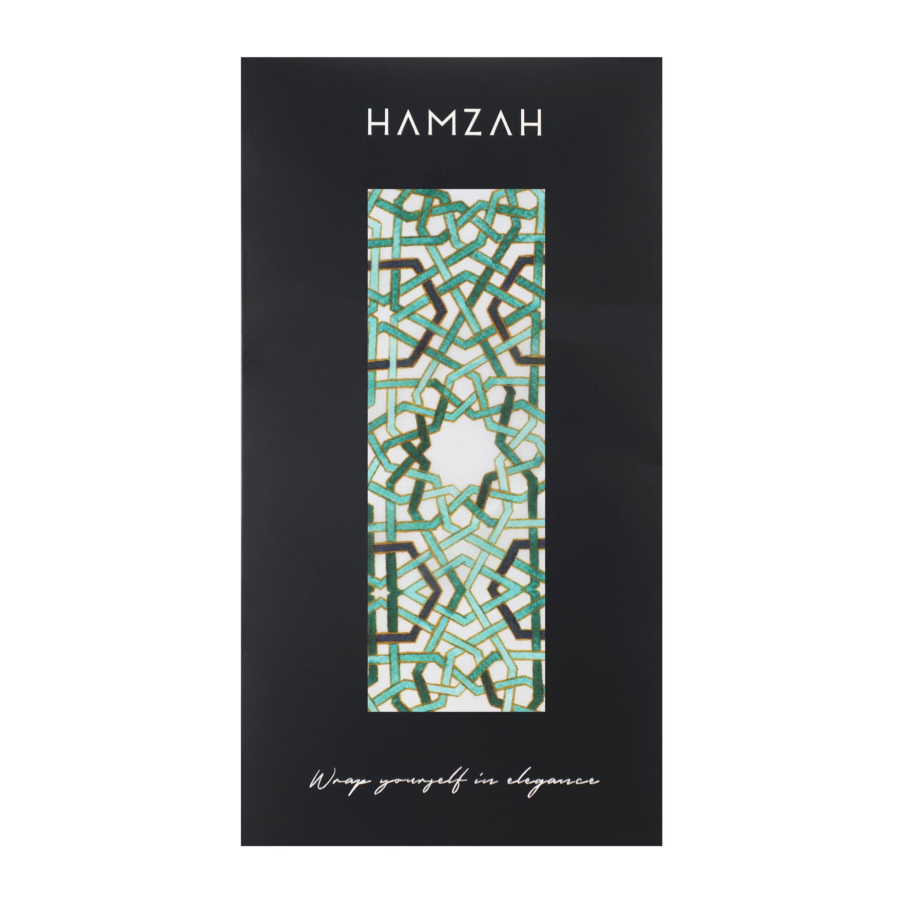A rectangular black box with HAMZAH at the top, a window displaying the Green Islamic Art Tessellation Silk Scarf Hijaz V2 with green, brown, and white patterns, and Wrap yourself in elegance at the bottom.