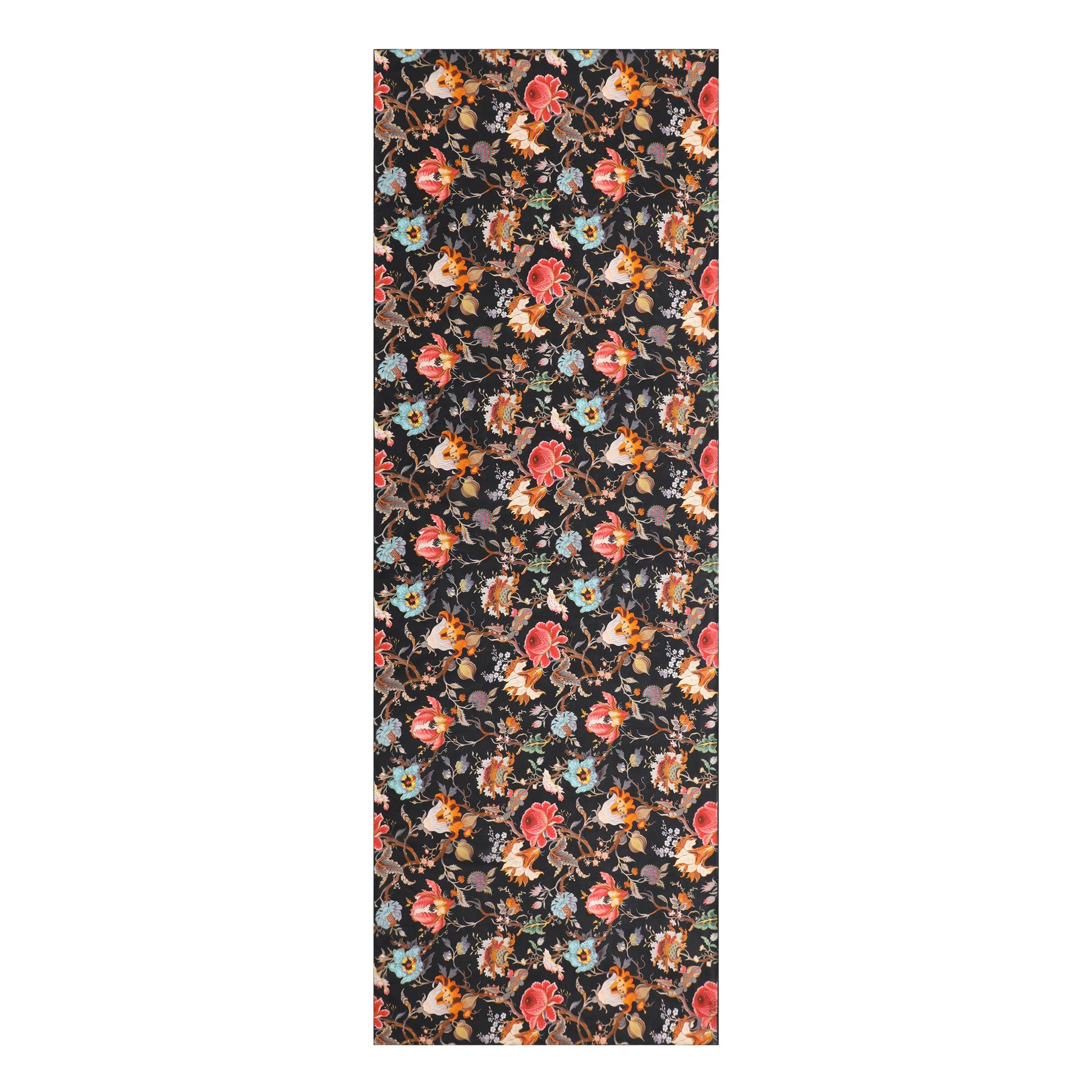 This yoga mat, echoing the William Morris Silk Scarf Black Aubrey by Hamzah, features a dark backdrop with vibrant red, orange, and blue flowers and lush green leaves for an elegantly colorful design.
