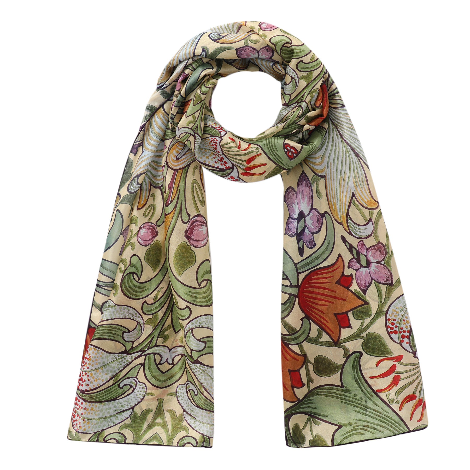 The Hamzah William Morris Scarf - 100% Silk - Georg features a vibrant floral pattern on a crème background, with red, purple, and green flowers entwined with swirling leaves and vines. Its elegantly looped and ready to wear.