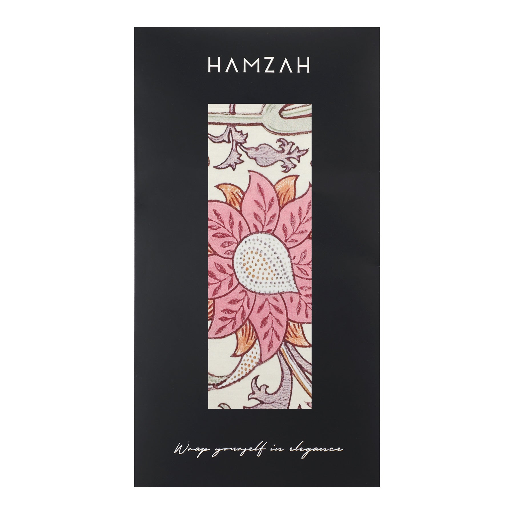 A vertical window on the black Hamzah packaging reveals a William Morris-inspired floral pattern with pink and white designs. Below, it reads: W. Morris Art Nouveau Scarf - 100% Habotai Silk. Wrap yourself in elegance.