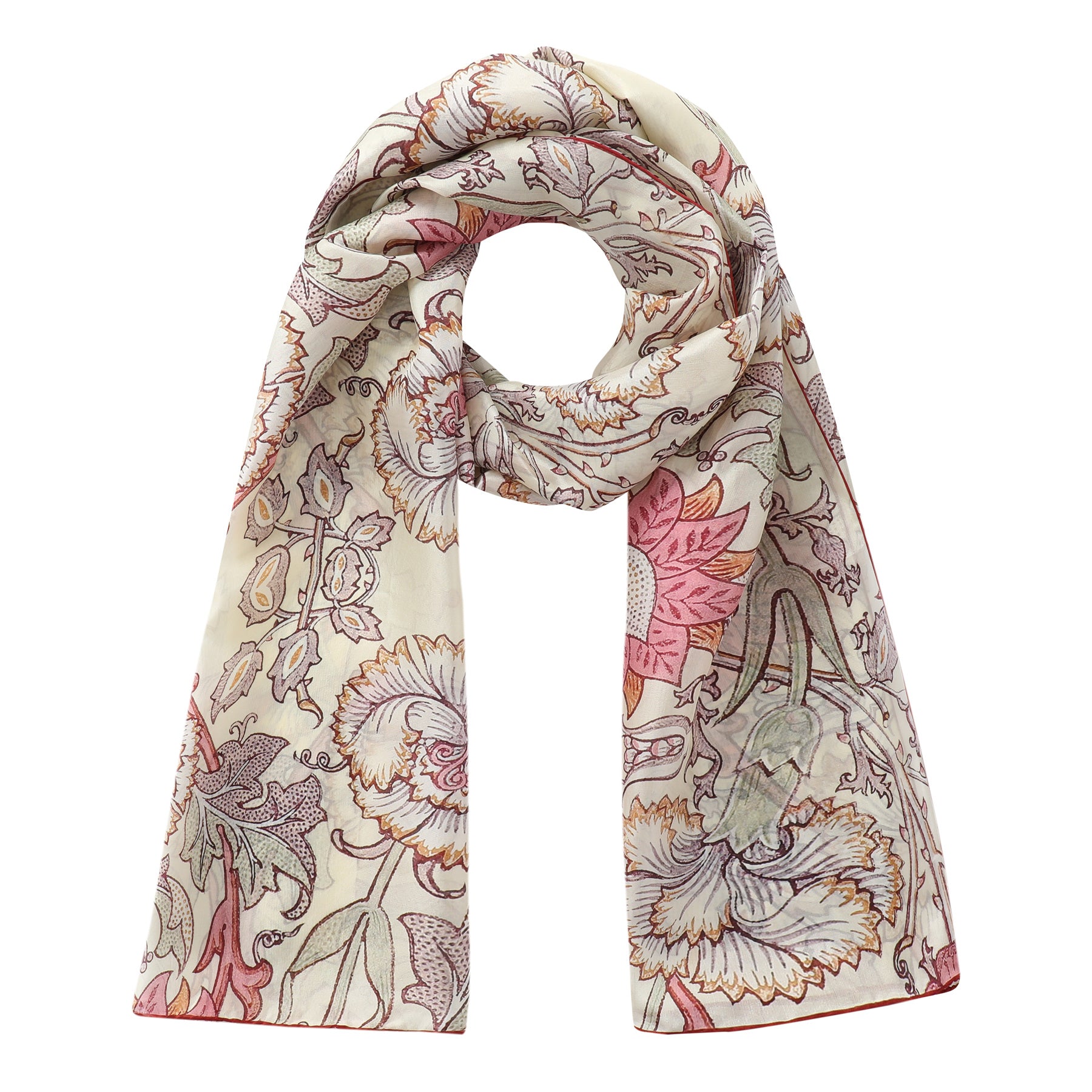The Hamzah W. Morris Art Nouveau Scarf, crafted from 100% Habotai Silk, features a William Morris-inspired floral pattern in red and purple, gracefully draped with both ends hanging symmetrically.