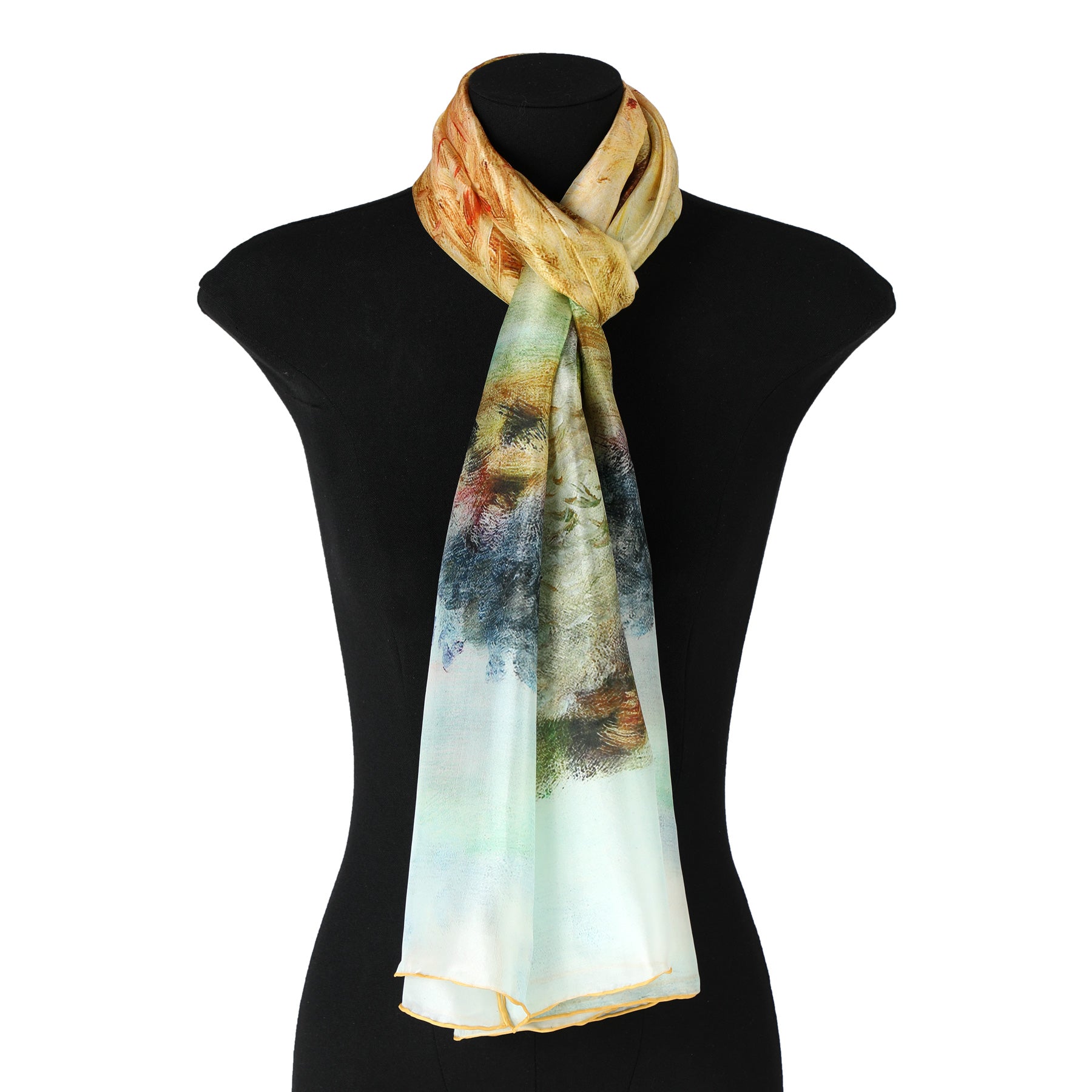 A colorful, lightweight Hamzah Habotai Silk Scarf - Renoir Inspired drapes elegantly on a black mannequin, featuring an abstract pattern with earthy tones and hints of blue and green, reminiscent of Wheatfields vivid hues.