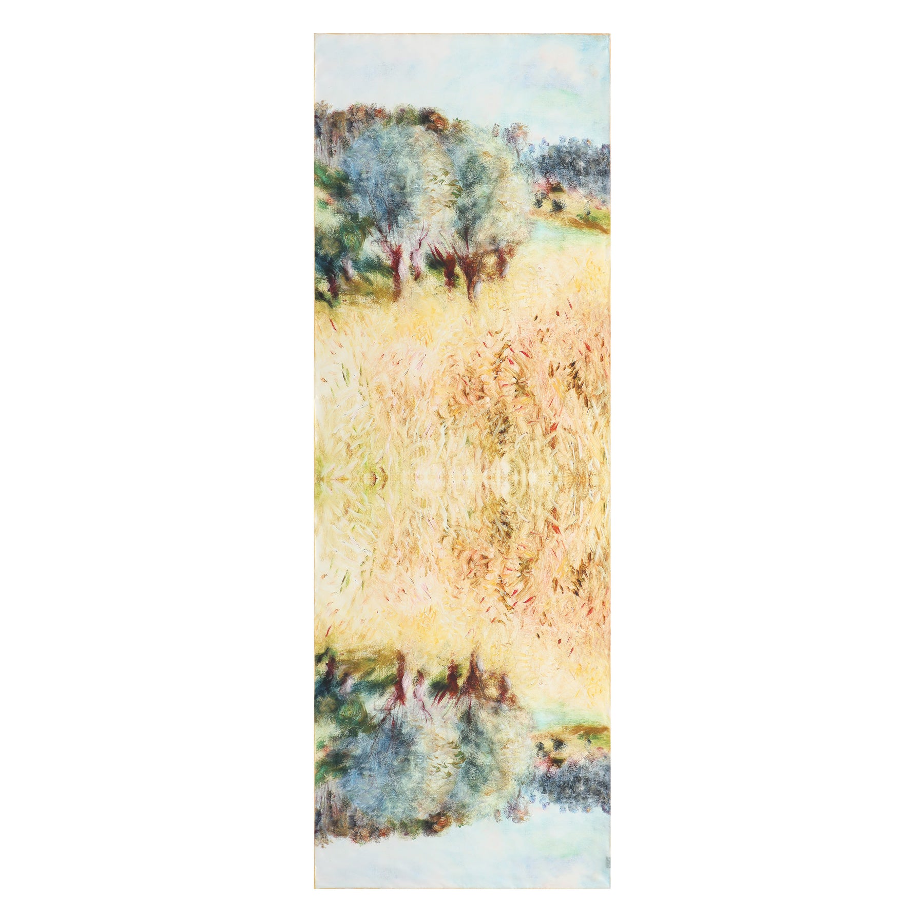 The Habotai Silk Scarf by Hamzah features a symmetrical artwork of a mirrored landscape, evoking a serene Wheatfield with trees and grasses. Soothing blues, greens, and browns enhance tranquility while its abstract touch captures natures elegance in a Renoir-inspired design.