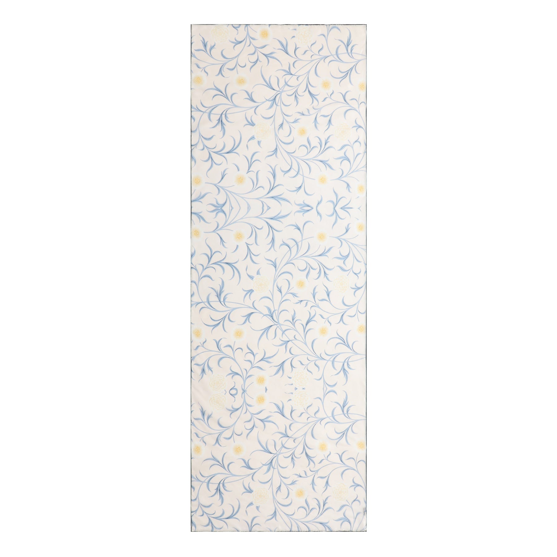 The William Morris Floral Scarf by Hamzah features a cream background with a delicate blue floral design and soft yellow accents, evoking the elegance of a silk scarf.
