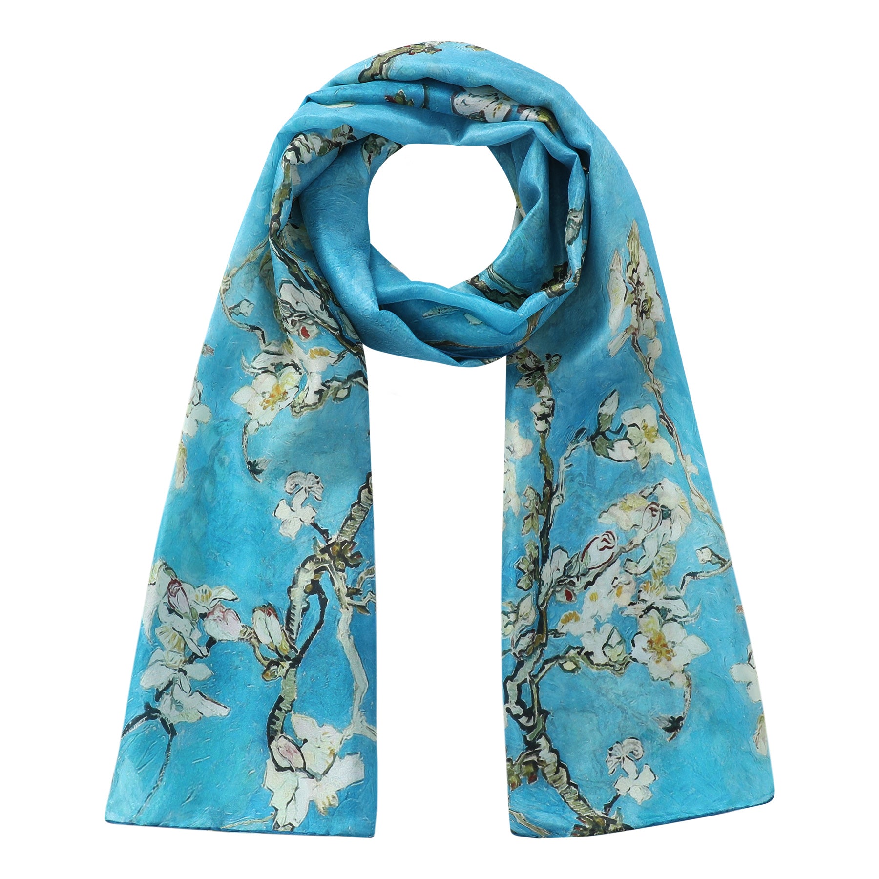 The Hamzah Van Gogh Silk Scarf - Amandelbloesem is crafted from luxurious Habotai silk, featuring a design inspired by Vincent van Goghs Almond Blossom with delicate white blossoms on branches set against a bright turquoise blue background.