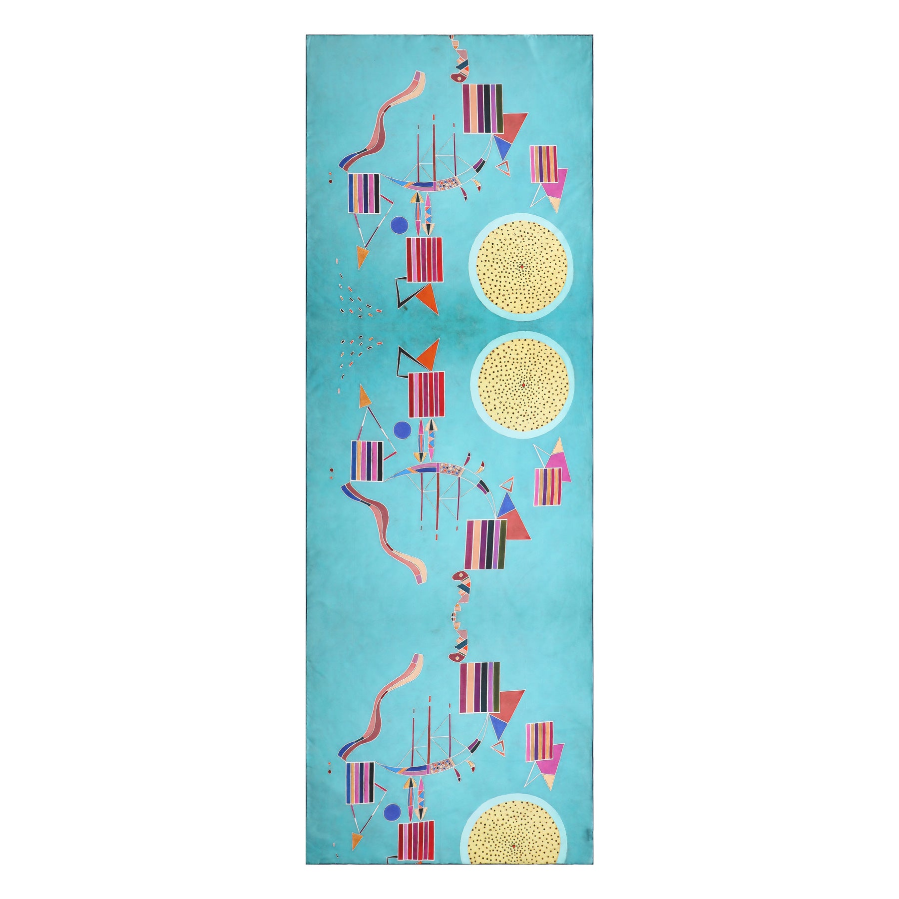 The Kandinsky Scarf - Intime Message by Hamzah features a vertical turquoise background with abstract, Kandinsky-inspired designs. Crafted from elegant habotai silk, it includes geometric shapes, stripes, dots, lines, and intricate circular patterns for a vibrant composition.