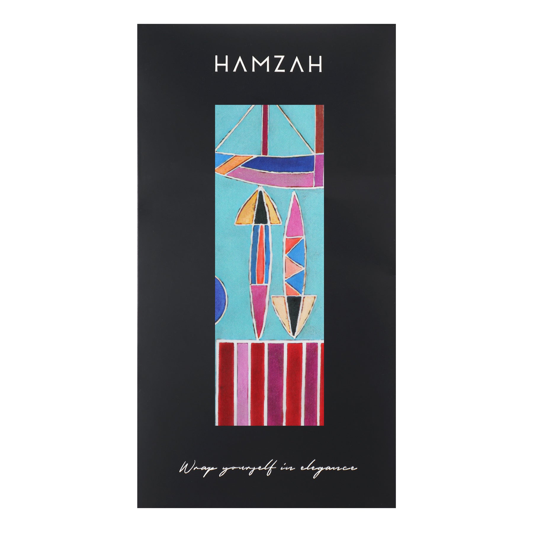 The Kandinsky Scarf - Intime Message by Hamzah features a colorful geometric design with pink, purple, and orange shapes on a blue background in a tall rectangle. HAMZAH tops the design, and Wrap yourself in the elegant craftsmanship of habotai silk is inscribed at the bottom.