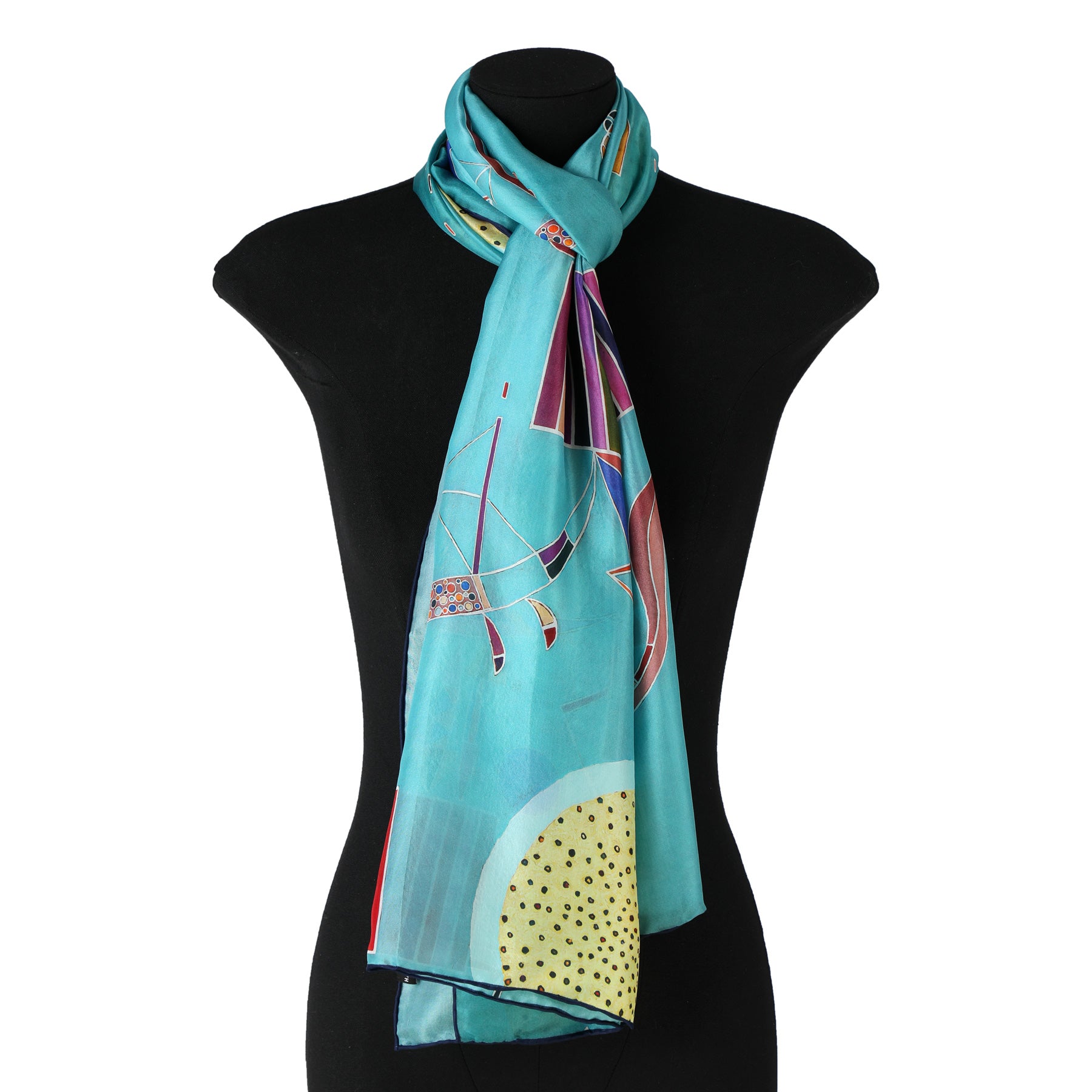 A teal Kandinsky Scarf - Intime Message from Hamzah, made of luxurious habotai silk with a modern abstract design featuring colorful geometric patterns, elegantly drapes over a black mannequin.