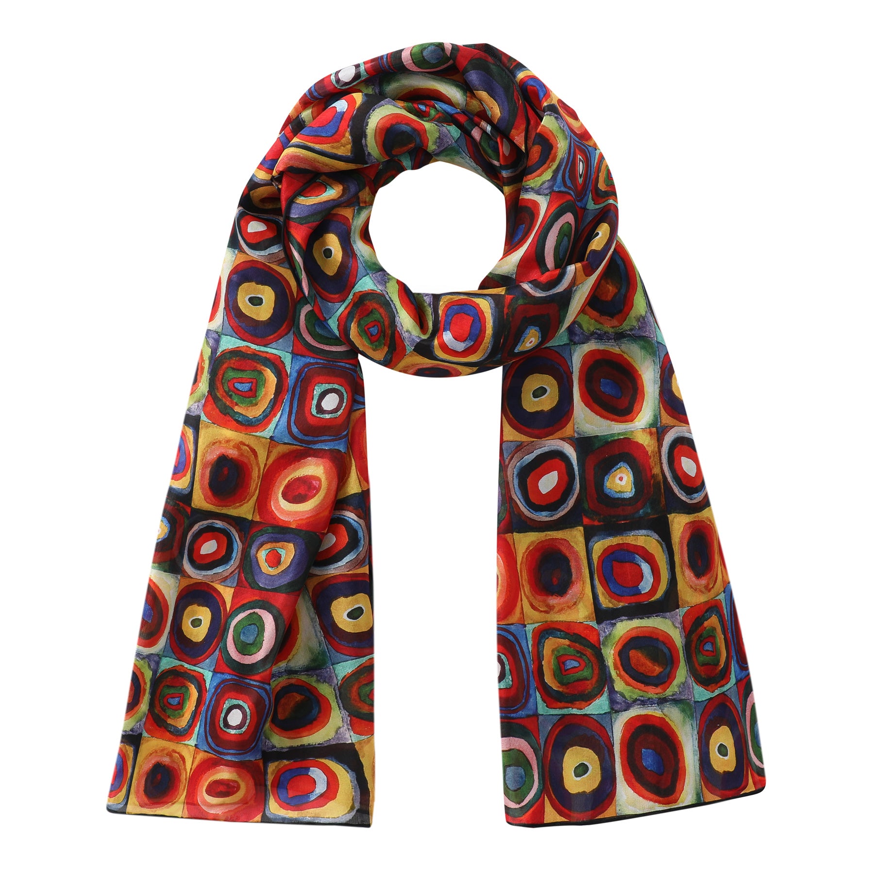 The Kandinsky Scarf by Hamzah features a vibrant Color Study print on 100% Habotai silk, showcasing concentric circles and squares in shades of red, blue, green, yellow, and black for an artistic and bold look.