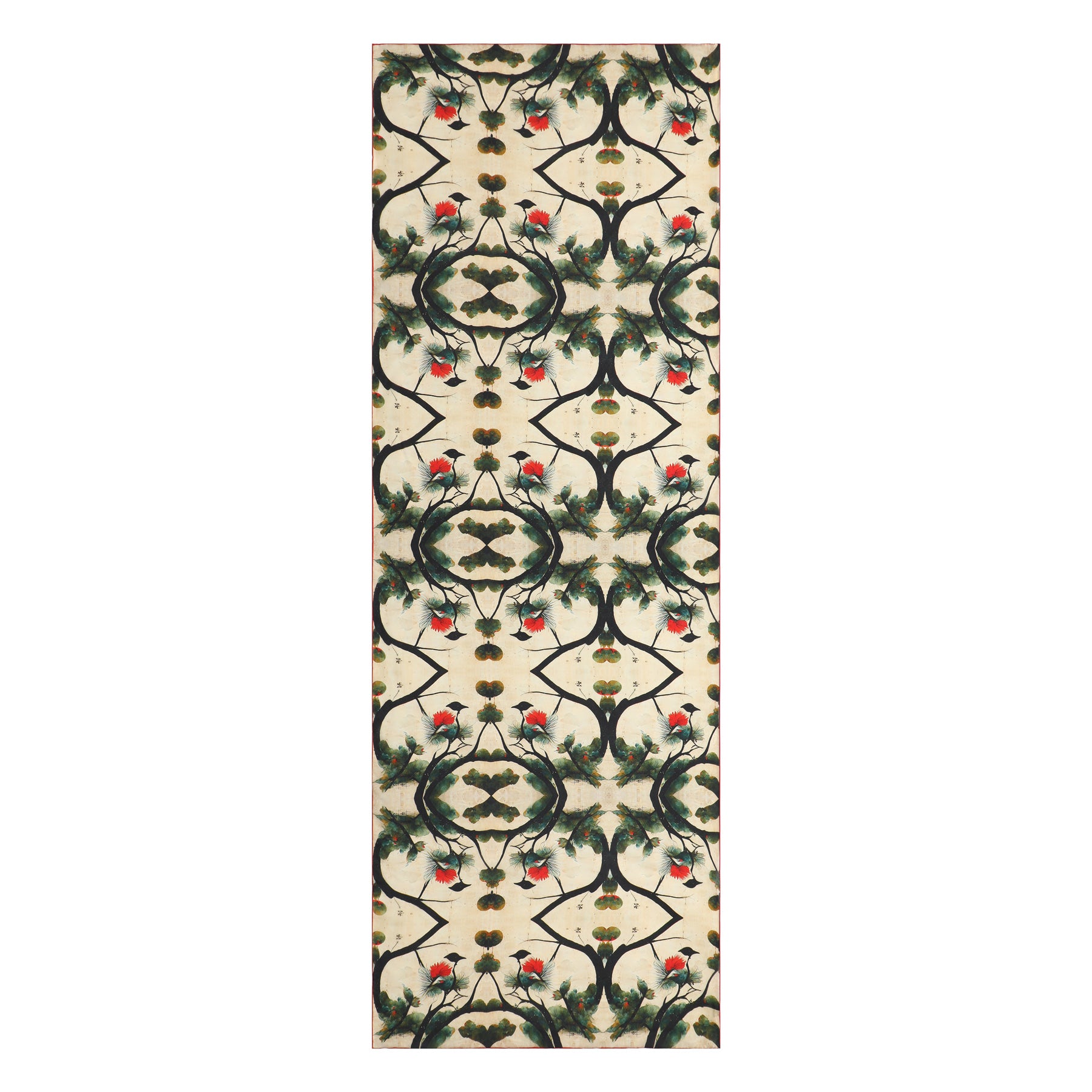 The Hamzah Japanese Art Scarf is a 100% silk accessory featuring a rectangular decorative pattern of symmetrical palm leaves and birds in red and black on beige, reminiscent of Japanese art. The design repeats vertically for a stunning mirrored effect, perfect as a versatile Habotai silk scarf.