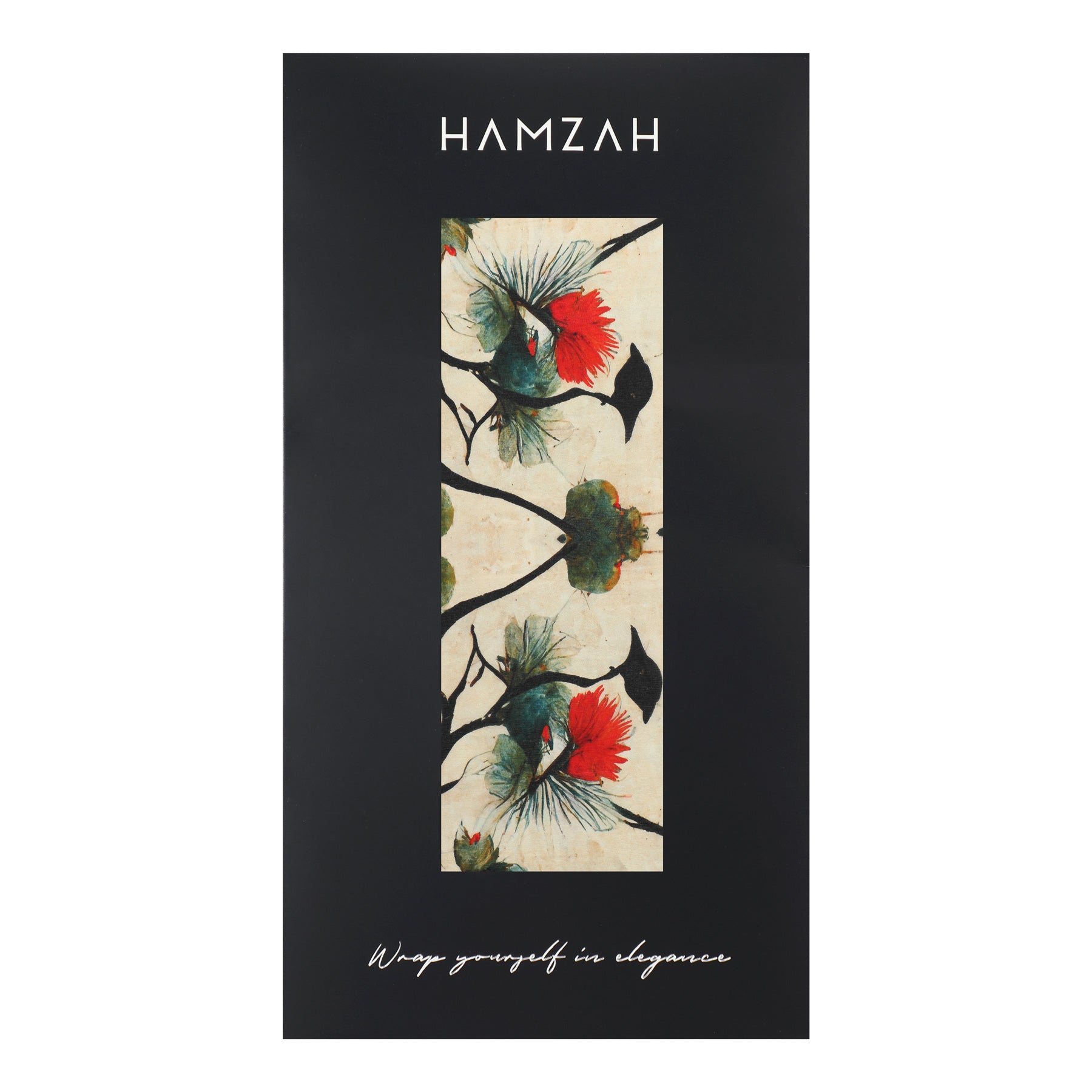 A poster features the Japanese Art Scarf by Hamzah, crafted from 100% Habotai silk, displaying vibrant red and teal flowers on a light backdrop. Text reads HAMZAH at the top and Wrap yourself in versatile elegance at the bottom.