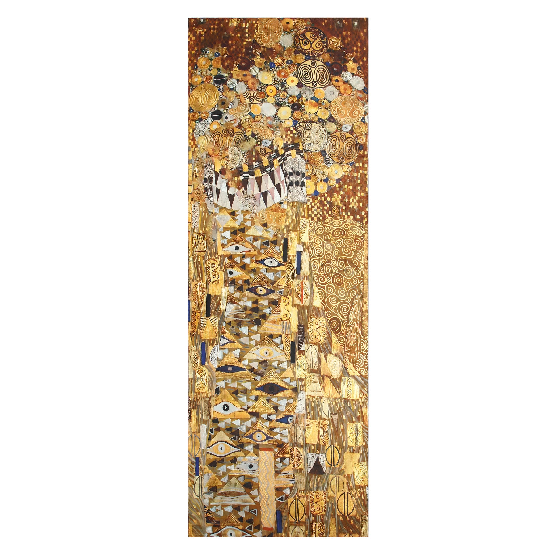 A rectangular silk scarf featuring a stylized woman in ornate gold robes with geometric and spiral motifs, inspired by Gustav Klimt’s art and Water Serpents, set against an abstract golden background.