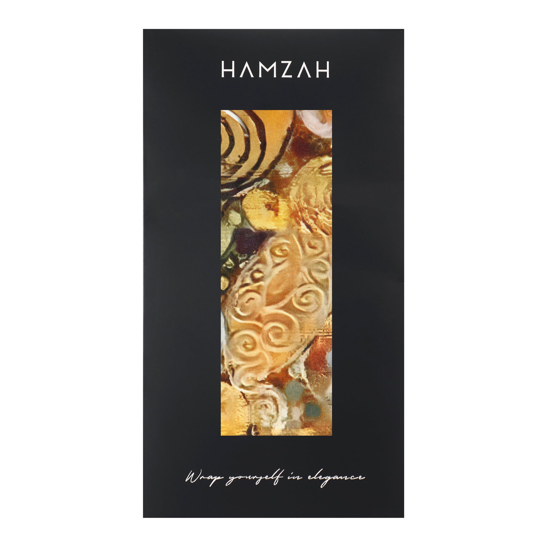 A black box featuring HAMZAH on top, a vertical window showing the golden-yellow G. Klimt inspired Silk Scarf with Water Serpents motif, and "Wrap yourself in elegance" displayed at the bottom.