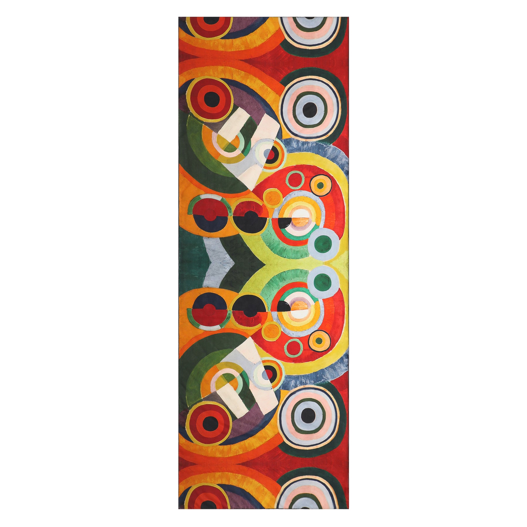 The Delaunay Scarf - Rhythm, The Joy of Living by Hamzah features a vibrant abstract artwork with concentric circles and geometric shapes in vivid red, orange, green, and yellow hues. Its kaleidoscope design of overlapping rings and symmetrical layers appeals to art enthusiasts. Made from 100% silk.