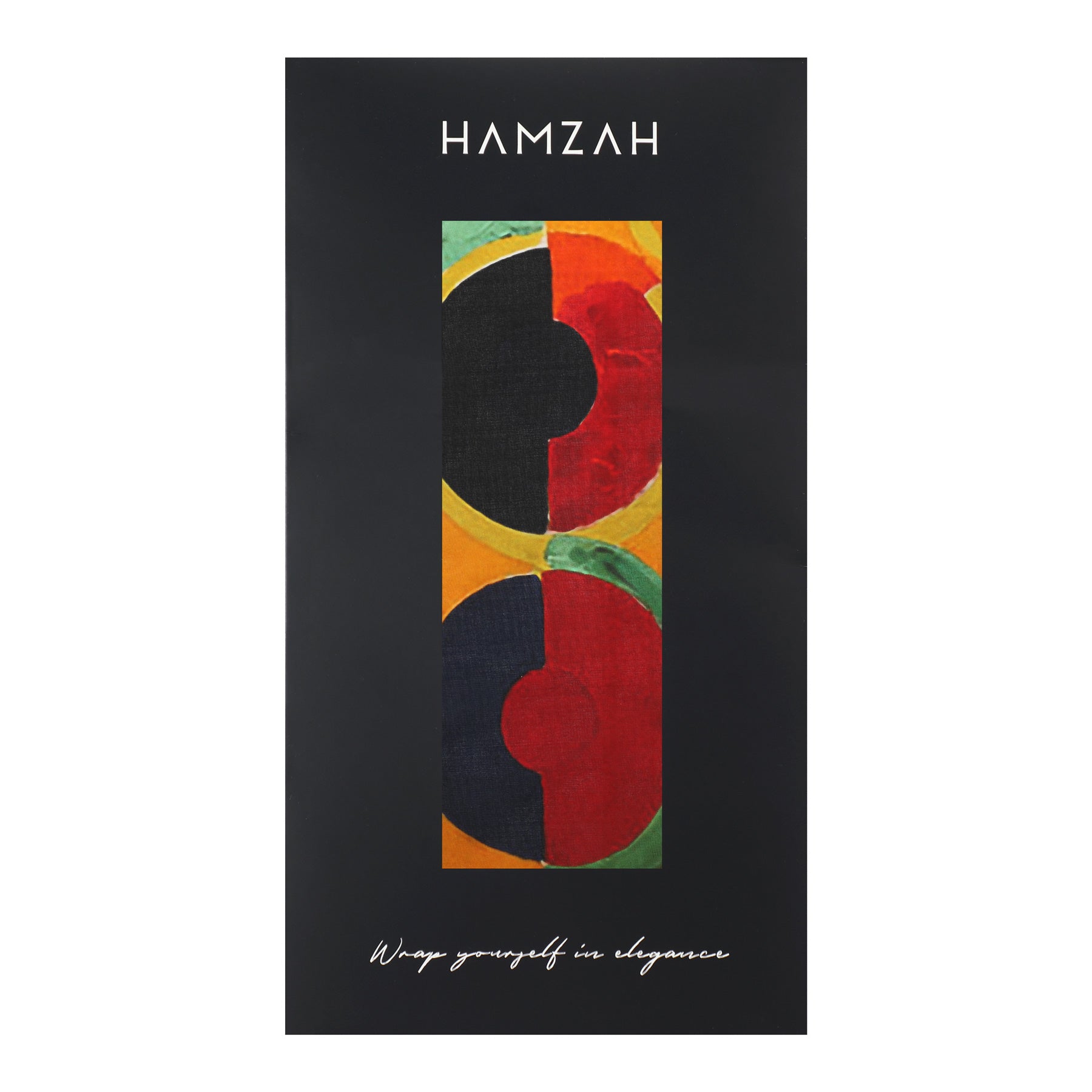 The Hamzah Delaunay Scarf, Rhythm, The Joy of Living - 100% Silk, features abstract art with bold colors like red, orange, yellow, black, and blue. Perfect for art enthusiasts or silk scarf design lovers with its vibrant patterns and message: Wrap yourself in elegance.
