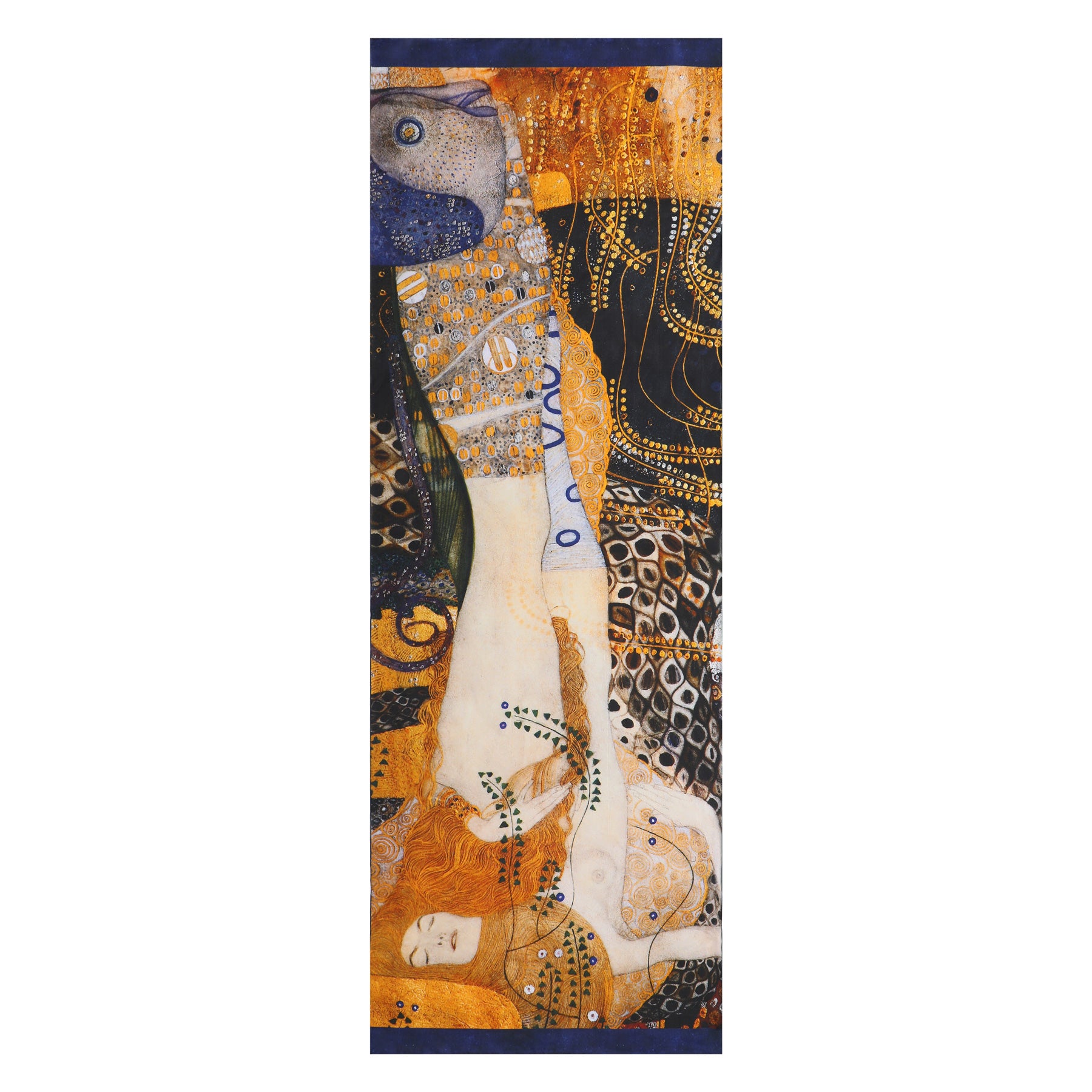 An artistic depiction reminiscent of Klimts style, featuring intertwined figures with flowing patterns and gold accents. The top blue and gold figure embraces the lower one amidst elaborate designs, akin to Hamzahs luxurious Gustav Klimt Scarf in Water Serpents II silk.