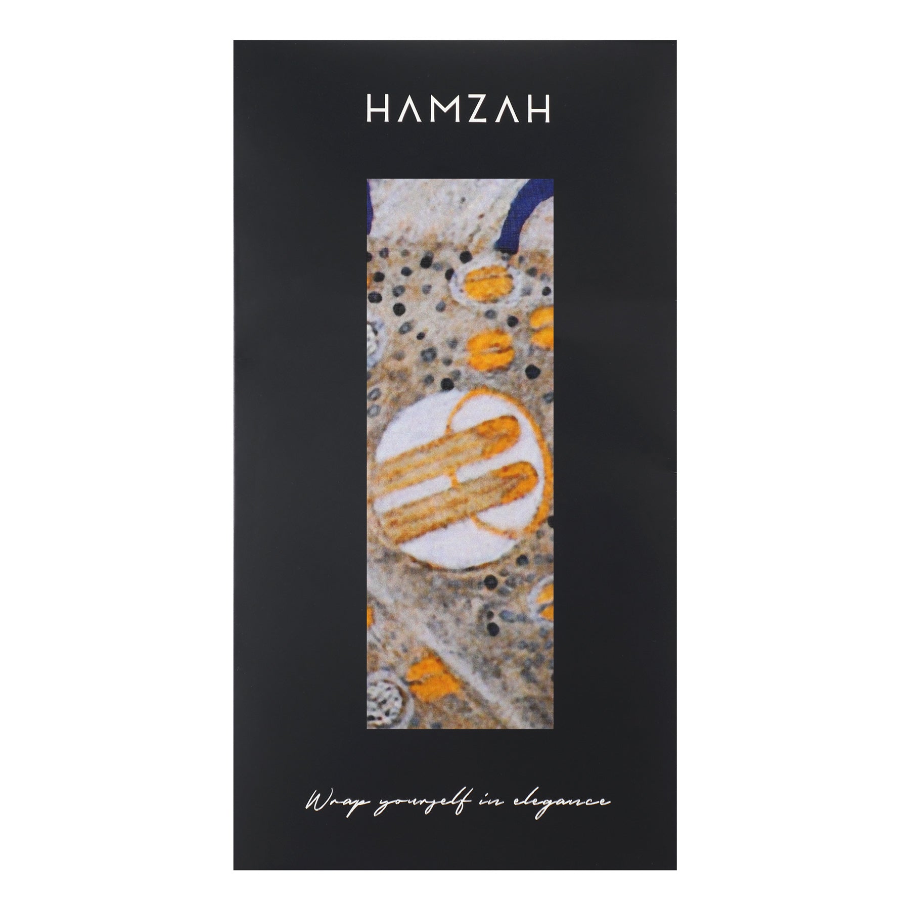 Hamzahs Gustav Klimt-inspired packaging for the Gustav Klimt Scarf - Water Serpents II - Silk showcases an abstract orange, white, and gray pattern through a rectangular cutout. The brand name sits on top, with Wrap yourself in elegance below, offering a luxurious silk scarf experience.