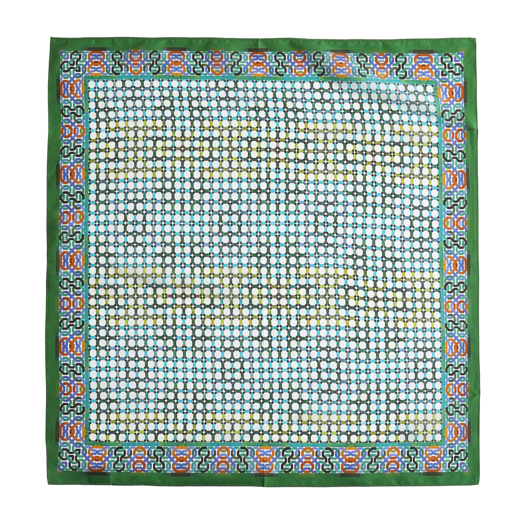 The Coloful Neckerchief 100% Silk features a square design with a green border and an Alhambra Palace-inspired geometric print in blue, white, yellow, red, and green—small shapes arranged in intricate patterns.