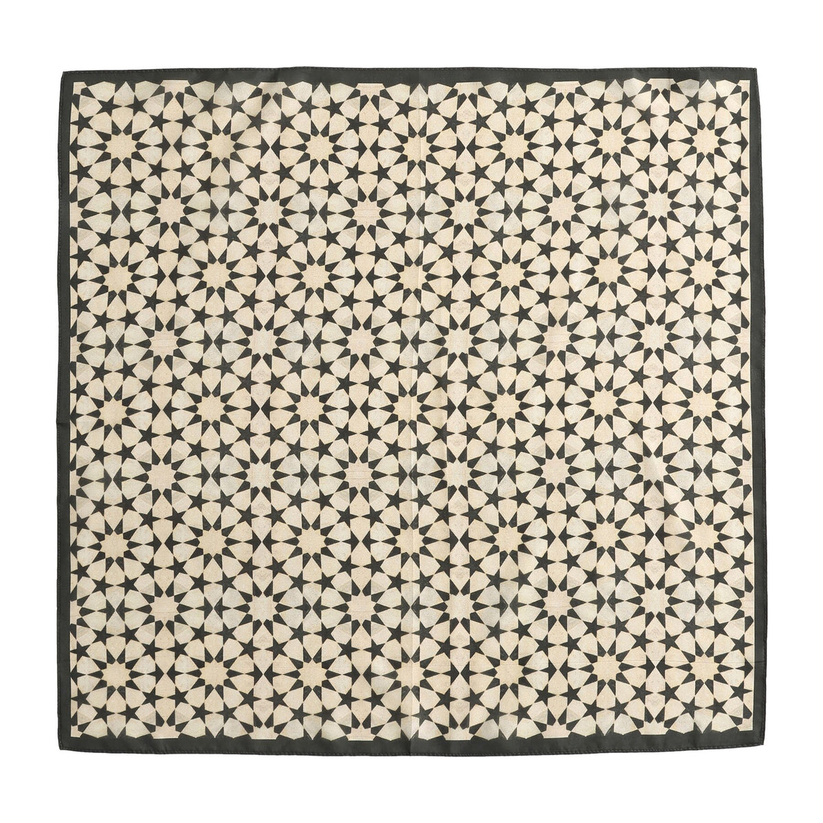 Black and Cream Silk Square Scarf Nujum shown flat, the full square with its border