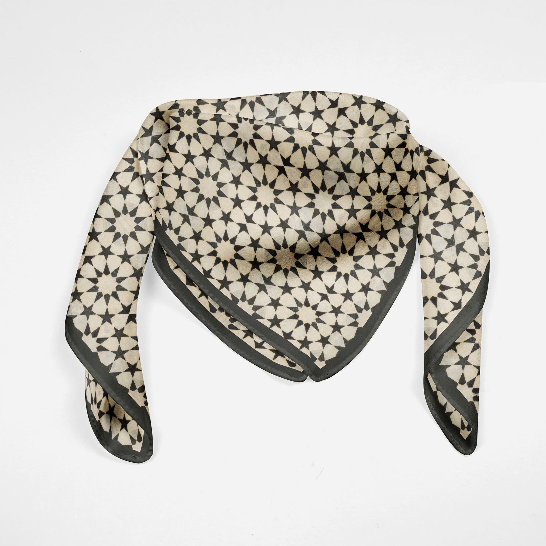 Black and Cream Silk Square Scarf Nujum shown from another angle