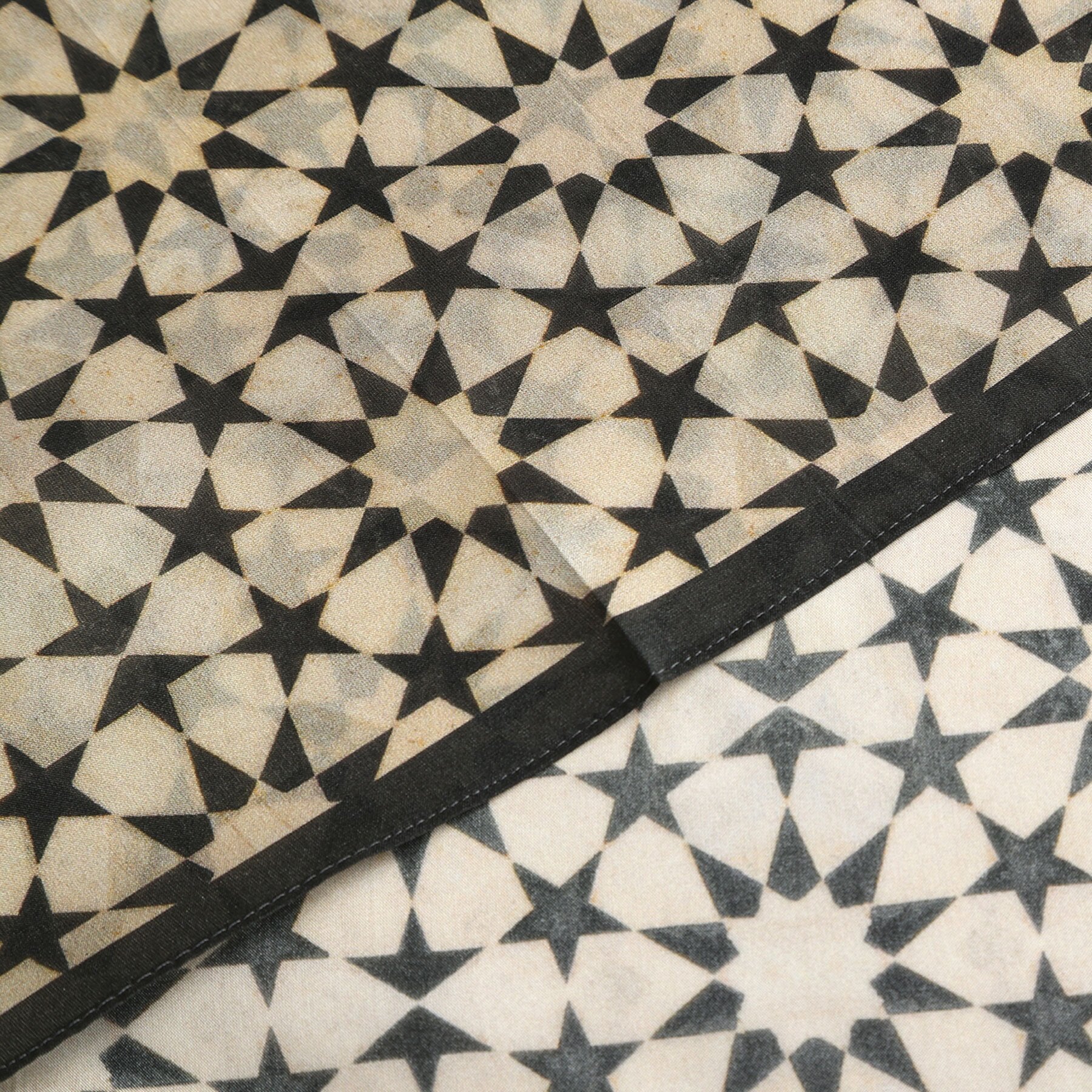 Border and hand-rolled edge detail of the Black and Cream Silk Square Scarf Nujum