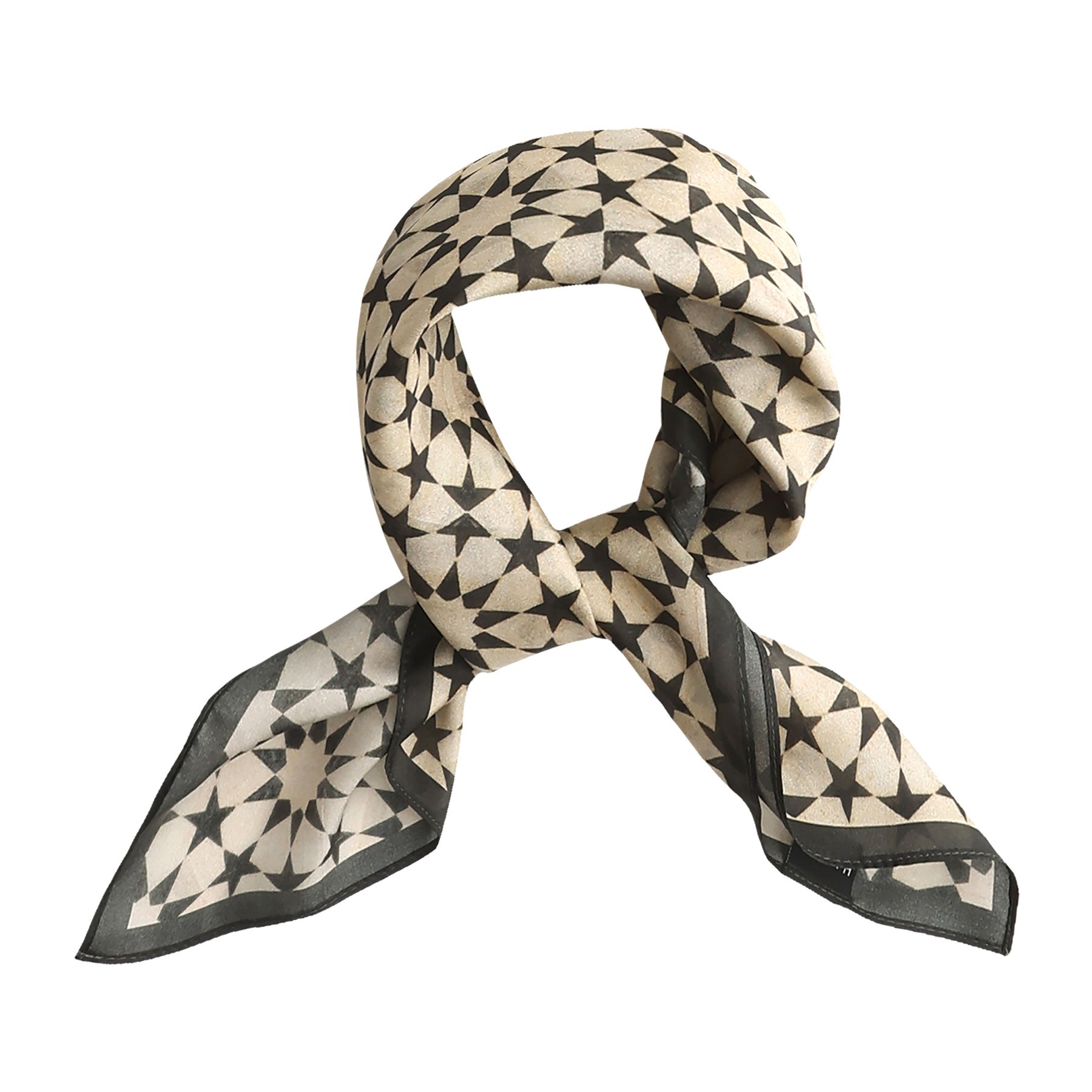 Black and Cream Silk Square Scarf Nujum knotted, showing the scale of the square
