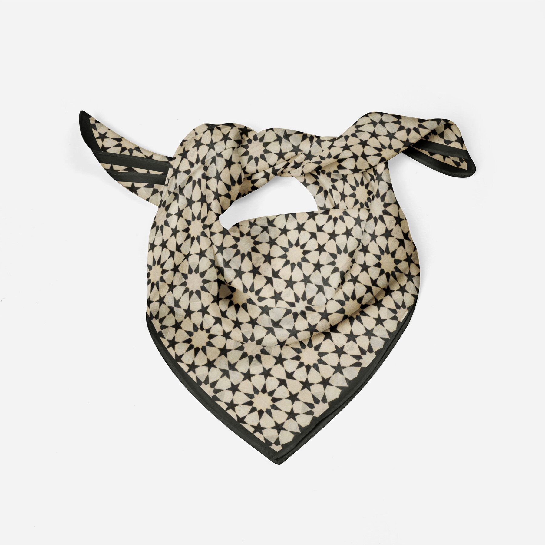 Black and Cream Silk Square Scarf Nujum folded into a triangle