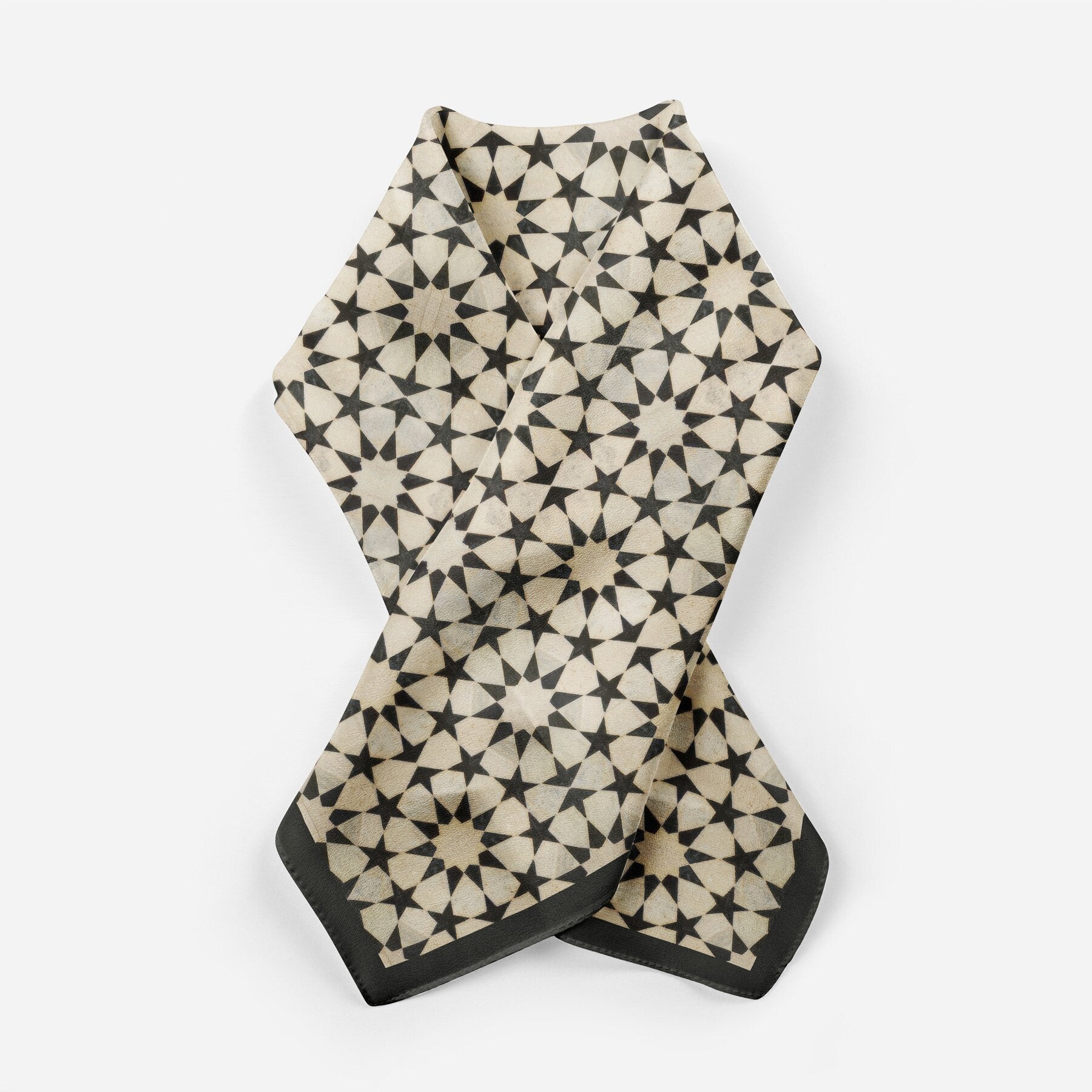 Black and Cream Silk Square Scarf Nujum tied as a neckerchief