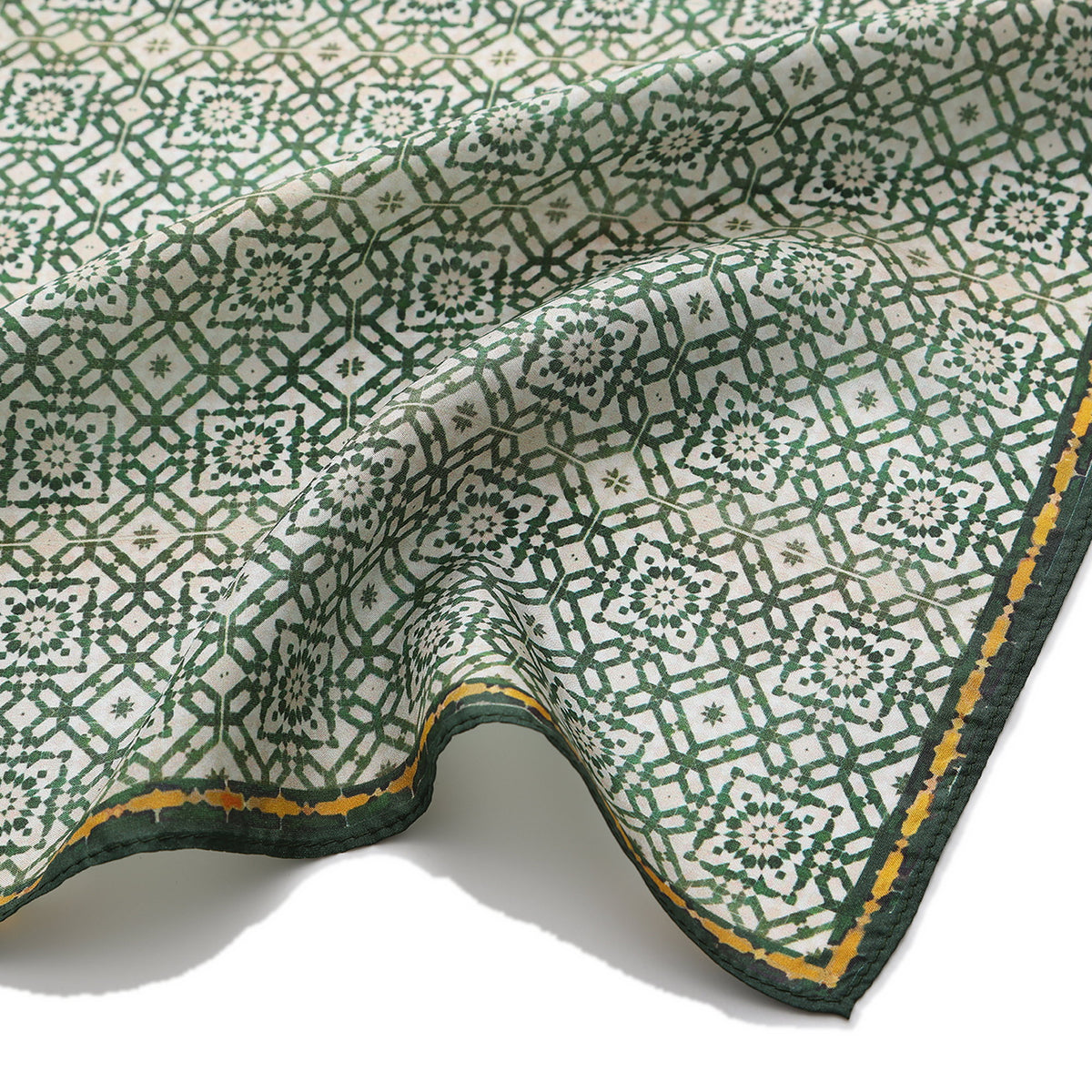 Green Silk Square Scarf Azahar draped to show how the silk falls