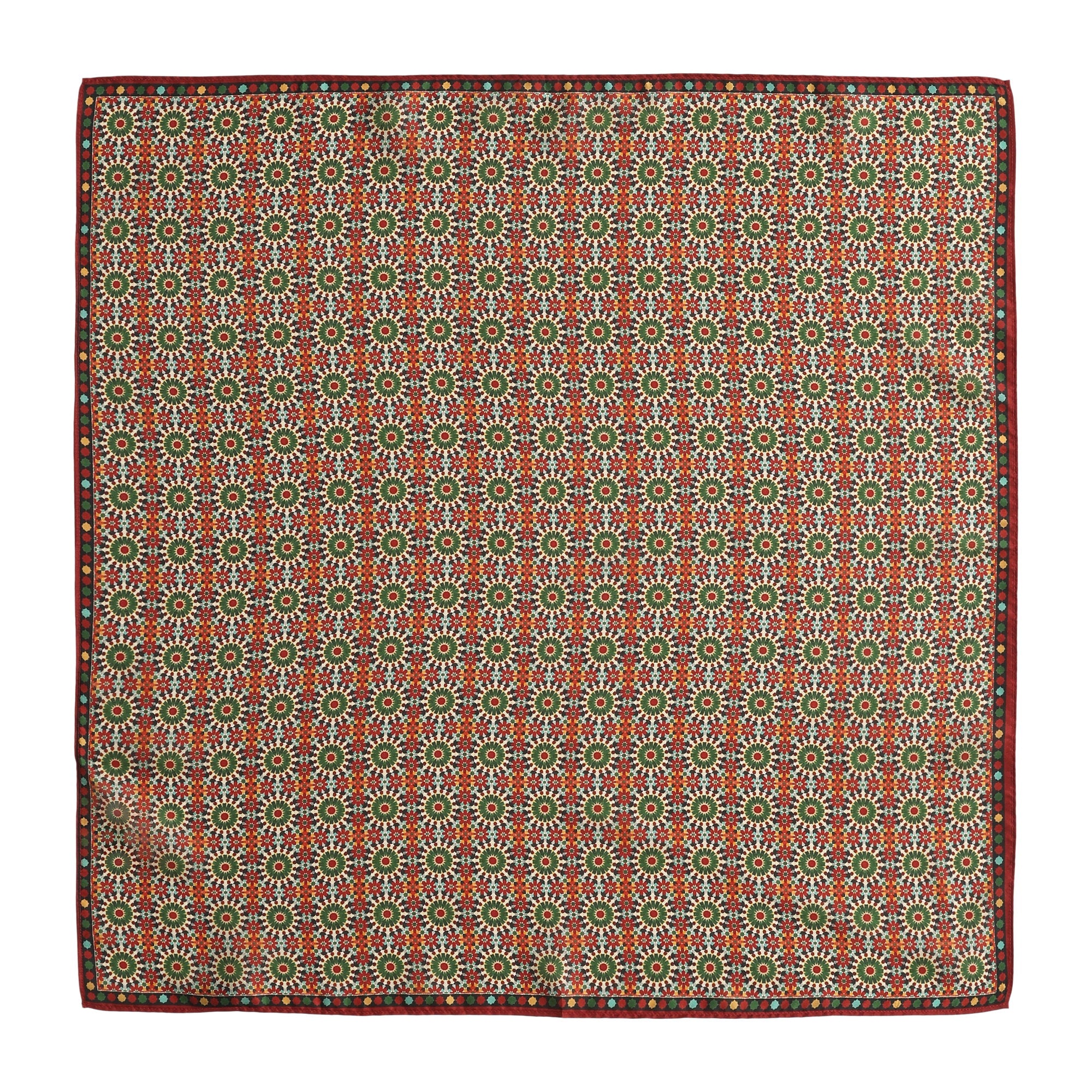 Red and Green Silk Square Scarf Zubaida shown flat, the full square with its border