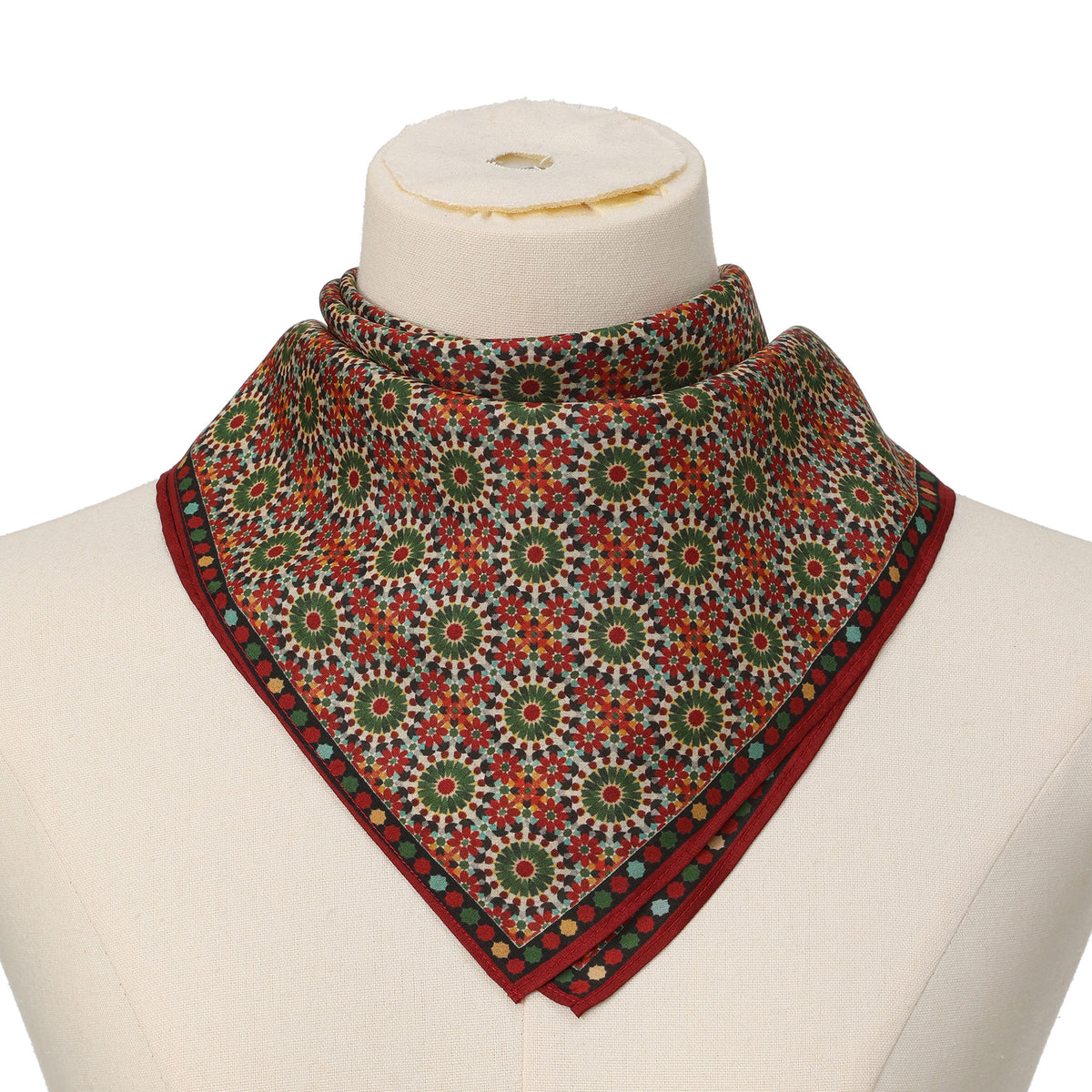 Red and Green Silk Square Scarf Zubaida tied at the neck on a mannequin bust