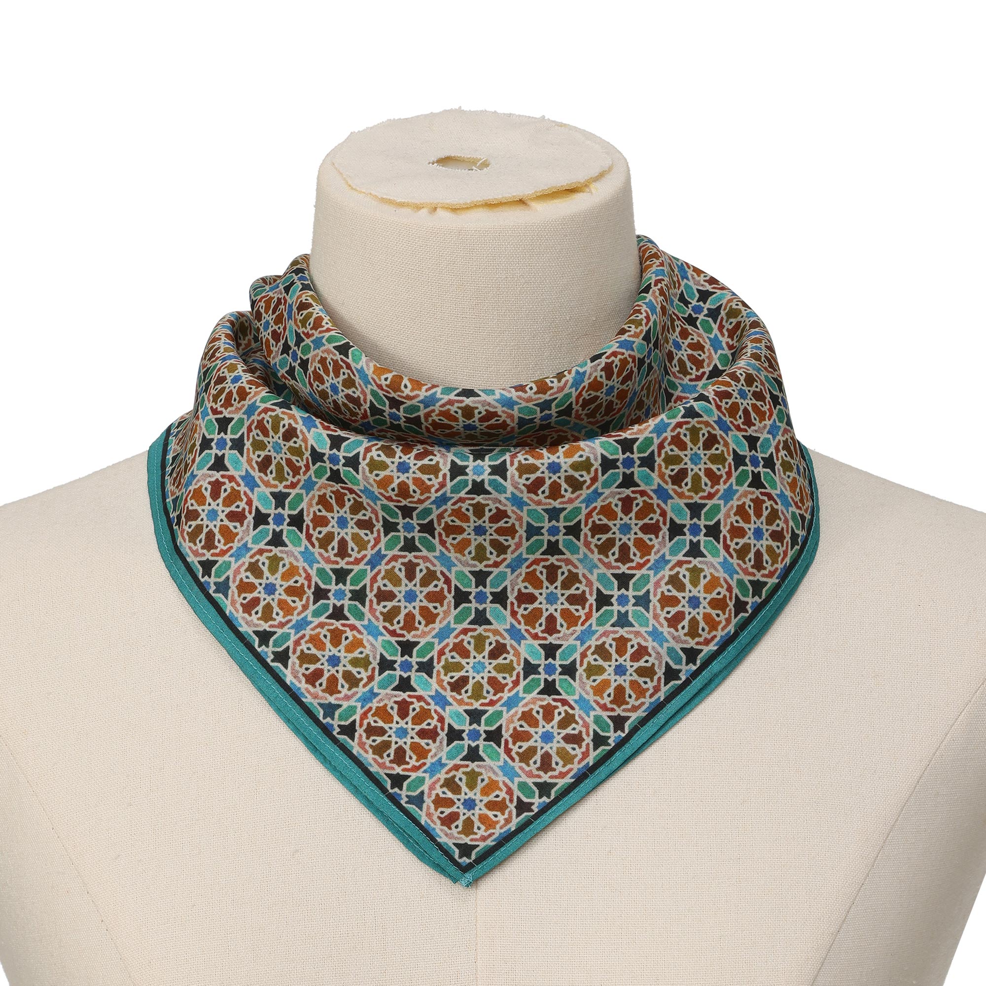 Orange Silk Square Scarf Wallada tied at the neck on a mannequin bust