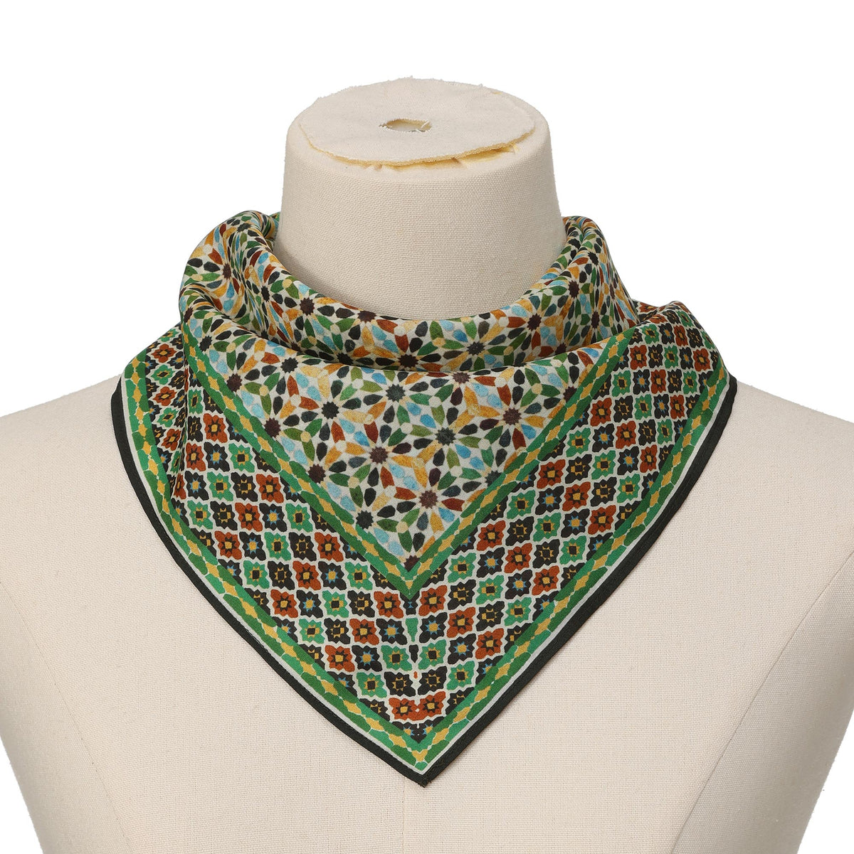 Multicolor Silk Square Scarf Naima tied at the neck on a mannequin bust
