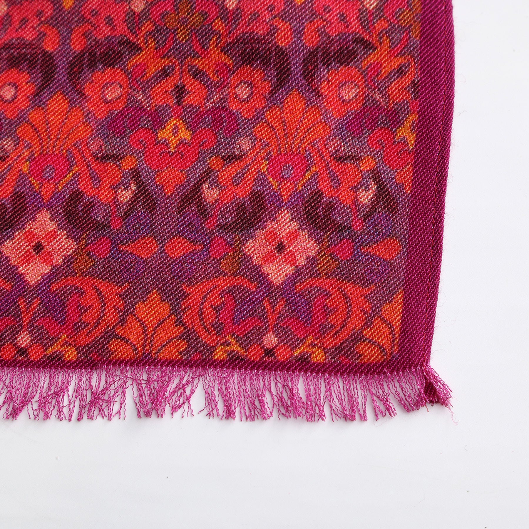 Close-up detail of Mahabah double-sided wool and silk scarf design