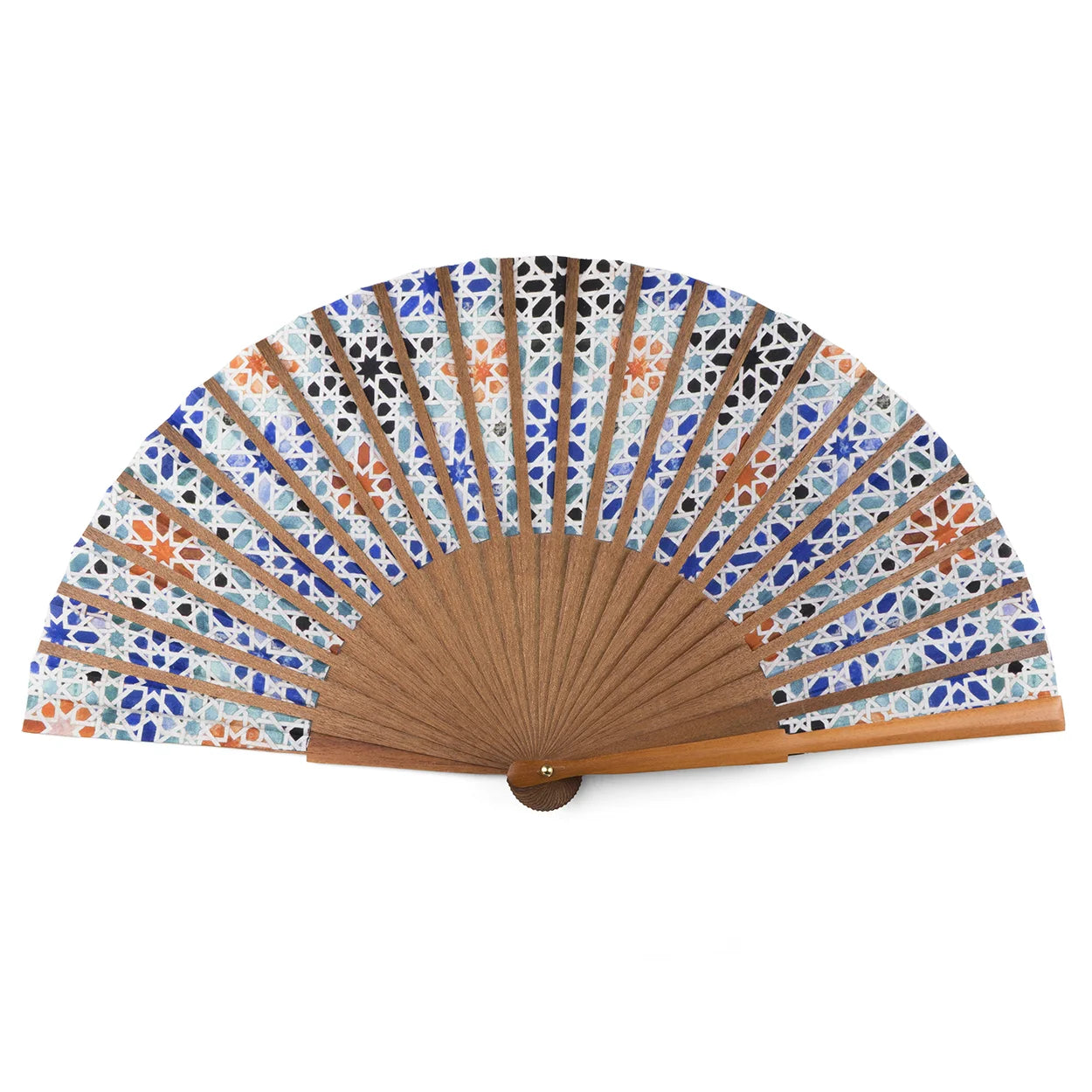 The Islamic art inspired hand fan Madiya features pure wood ribs and a decorative paper leaf with a blue, black, brown, and white geometric mosaic pattern. The fully opened fan is displayed against a white background.